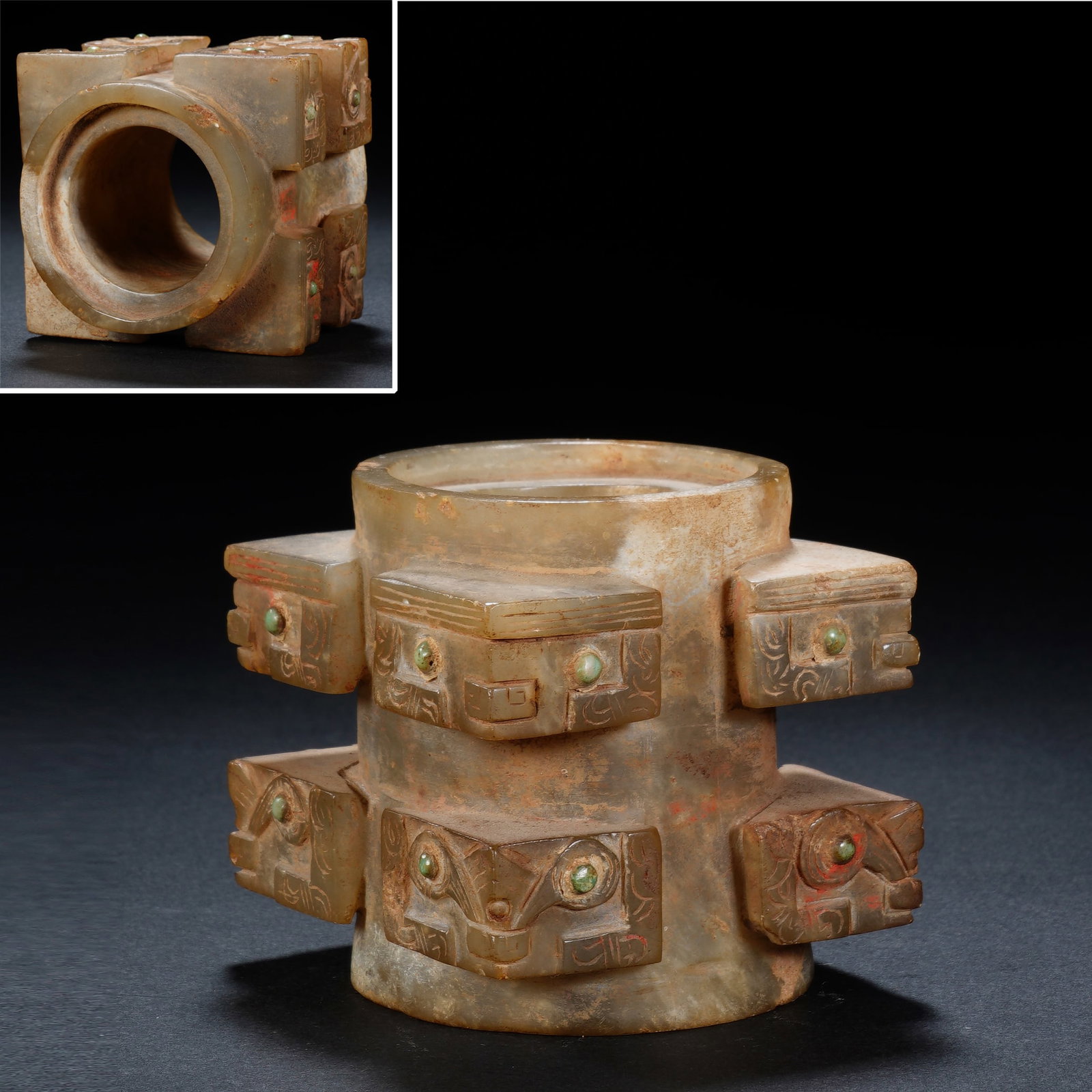 Jade Inlaid Turquoise Carved Beast Face Pattern Cong: Jade Inlaid Turquoise Carved Beast Face Pattern Cong (5.5 x 5.5 x 5.8cm,Weight 242g)