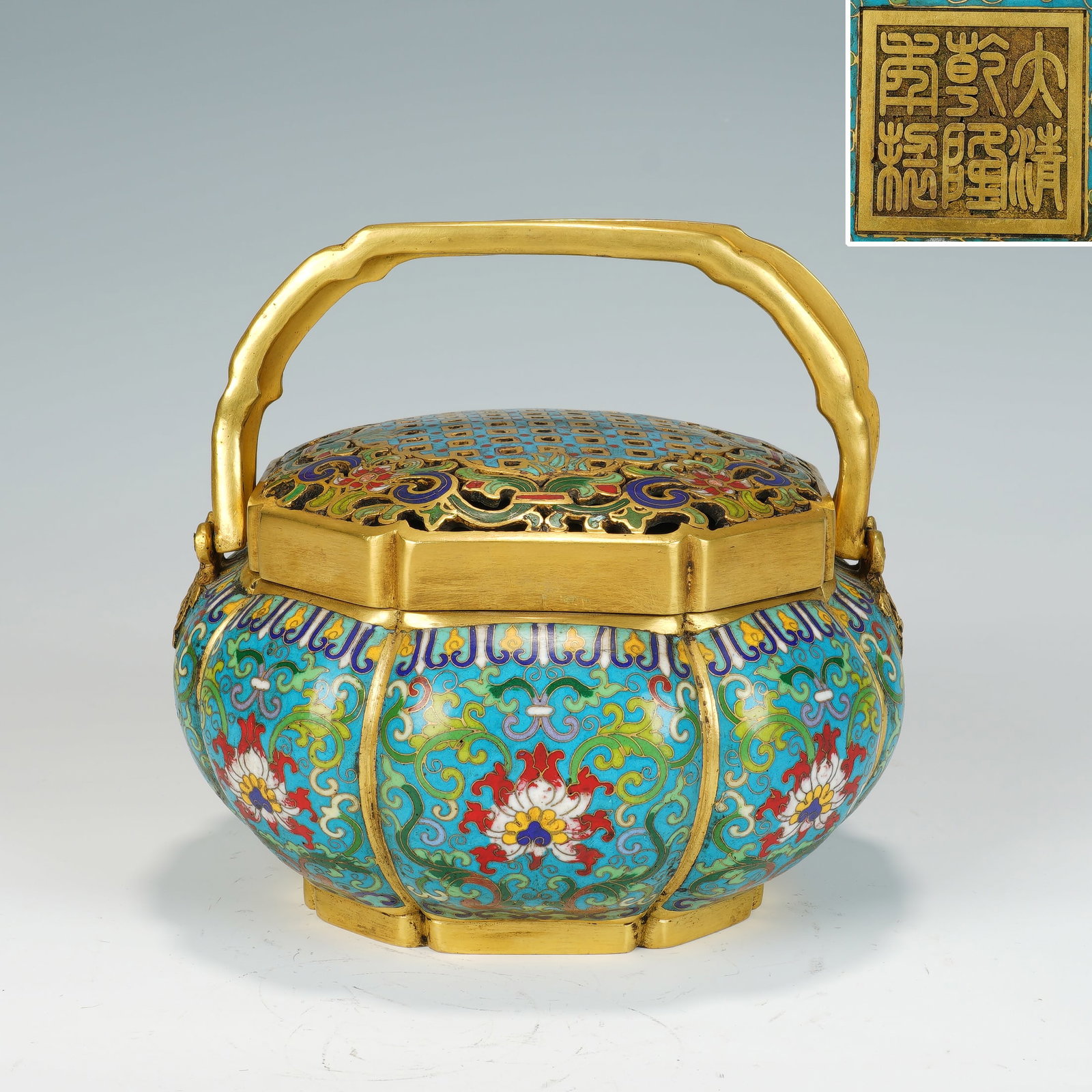Bronze Cloisonne Carved Flower Branch Pattern Handle Incense Burner: Bronze Cloisonne Carved Flower Branch Pattern Handle Incense Burner (19 x 19 x 11cm,Weight 4295g)