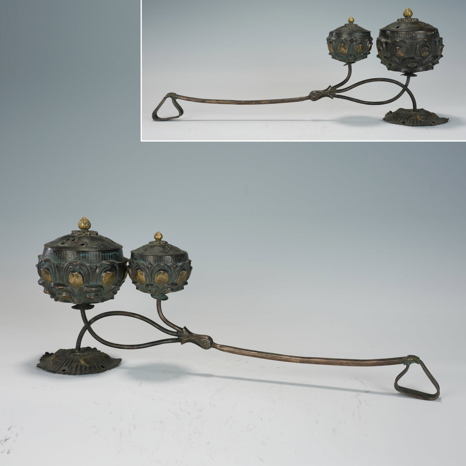 Gilt Bronze Carved Lotus Flower Shape Incense Burner: Gilt Bronze Carved Lotus Flower Shape Incense Burner (49 x 11 x 18cm,Weight 884g)