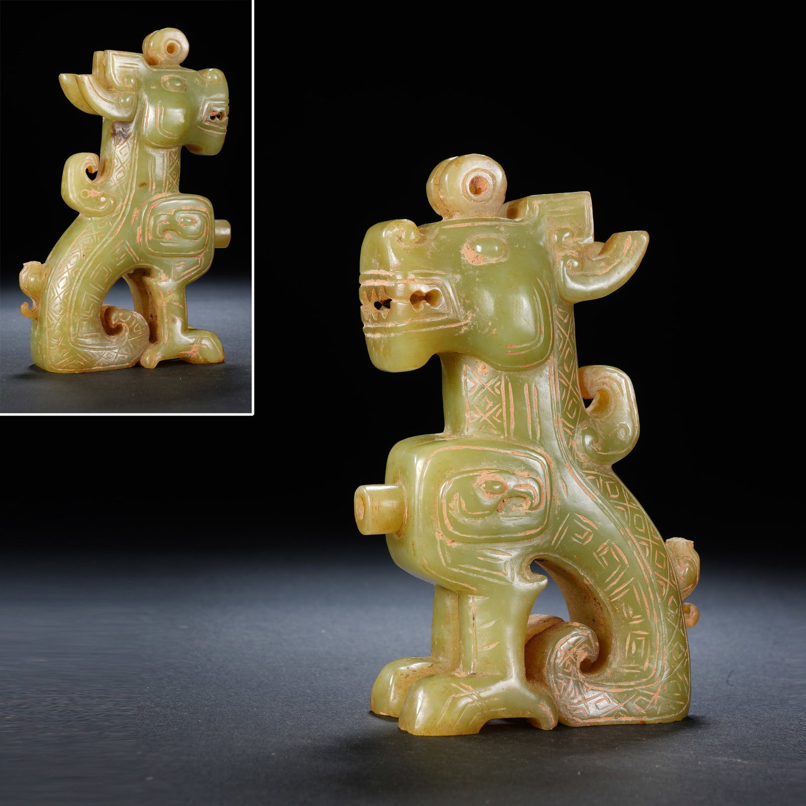 Jade Carved Beast Face Pattern Dragon Shape Ornament: Jade Carved Beast Face Pattern Dragon Shape Ornament (7.5 x 3.5 x 11.5cm,Weight 307g)