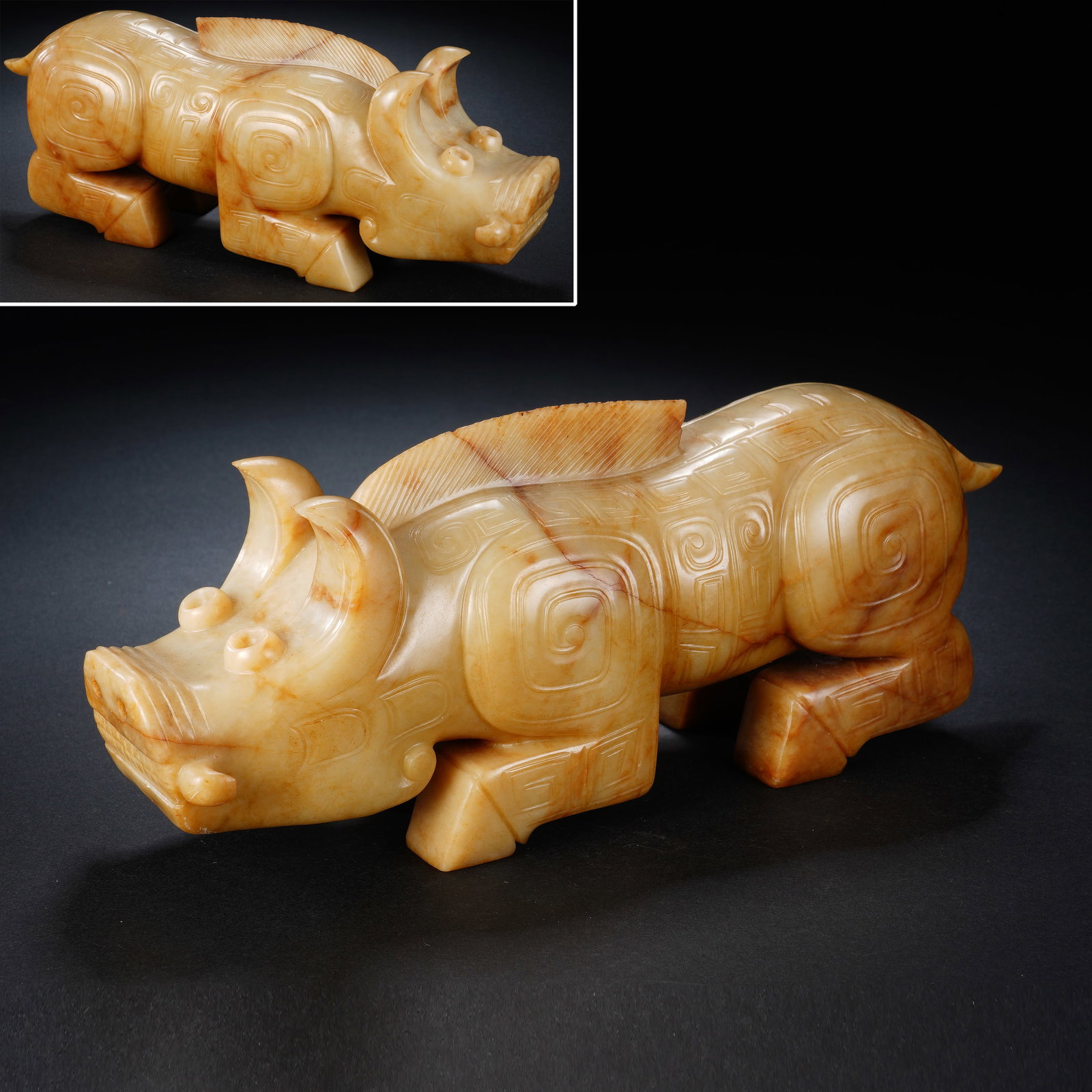Jade Carved Beast Face Pattern Rhinoceros Shape Figure: Jade Carved Beast Face Pattern Rhinoceros Shape Figure (21 x 6 x 8cm,Weight 1224g)