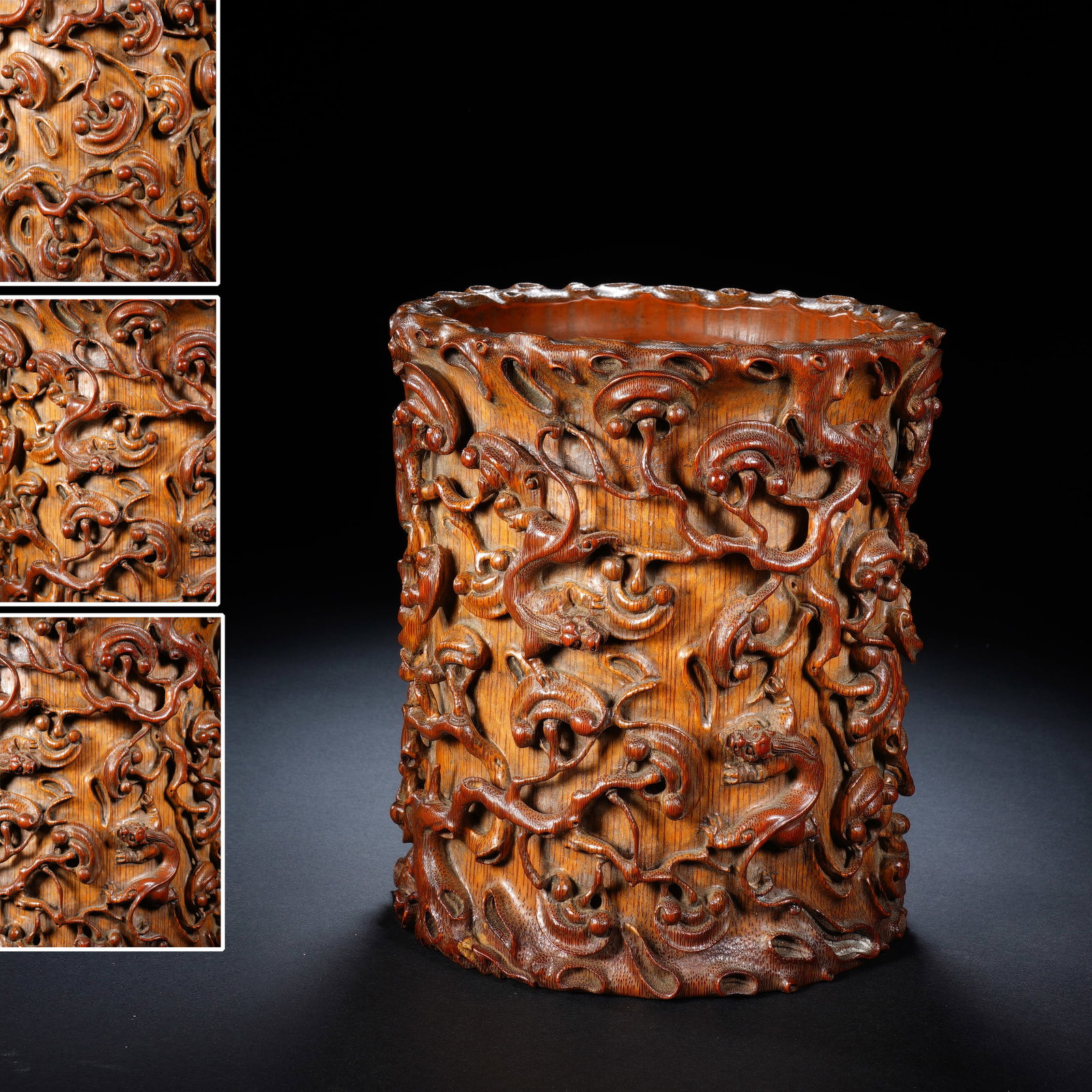 Bamboo Carved Cloud and Chi Dragon Pattern Brush Pot: Bamboo Carved Cloud and Chi Dragon Pattern Brush Pot (16 x 15 x 19cm)