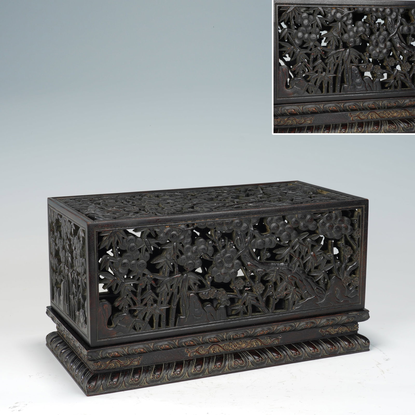 Red Sandalwood Carved Plum Flower and Pine Tree & Bamboo Pattern Lid Box (1 of 7)