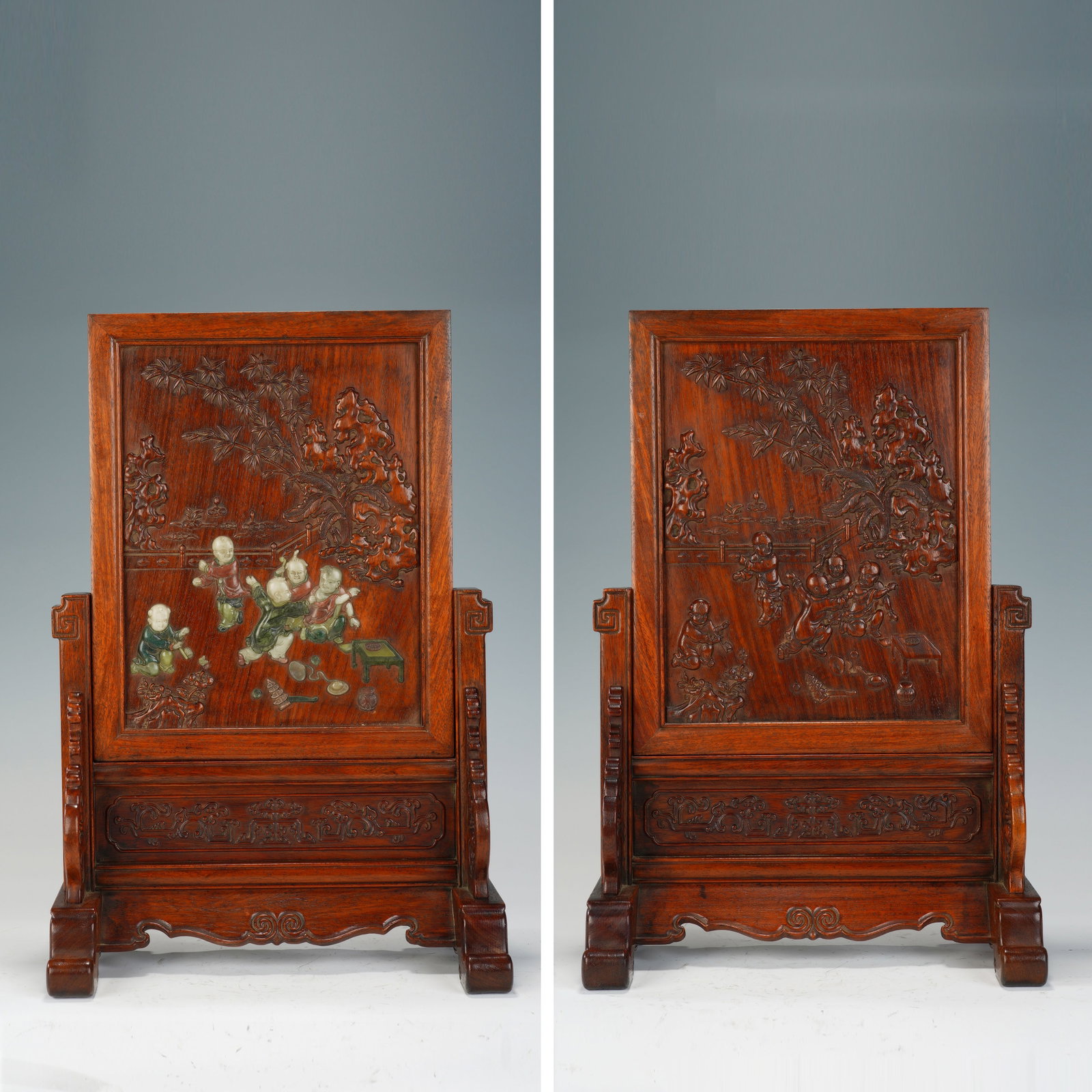 Rosewood Inlaid Jade Carved Playing Children Pattern Table Plaque: Rosewood Inlaid Jade Carved Playing Children Pattern Table Plaque (28 x 12.5 x 42cm)