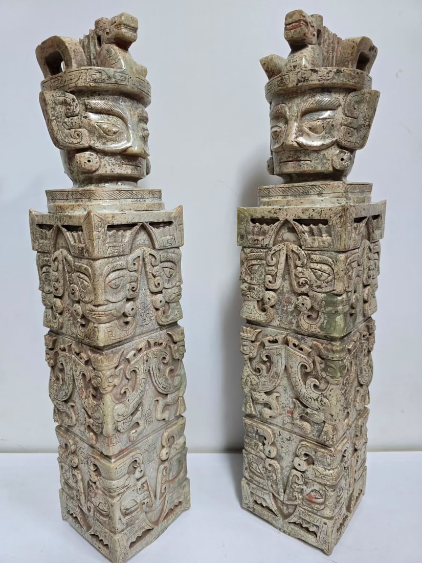 Pair of Jade Carved Beast Face and Character Face Pattern Character Shape Cong: Pair of Jade Carved Beast Face and Character Face Pattern Character Shape Cong (38 x 8cm)