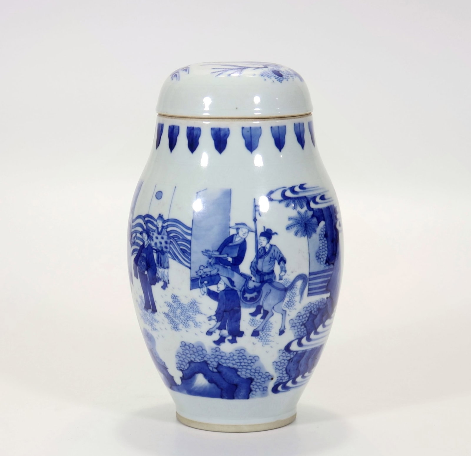 A BLUE AND WHITE 'QIN QIONG SELLING A HORSE' LOTUS SEED JAR (LIANZI GUAN): A BLUE AND WHITE 'QIN QIONG SELLING A HORSE' LOTUS SEED JAR (LIANZI GUAN) Height:20.5cm