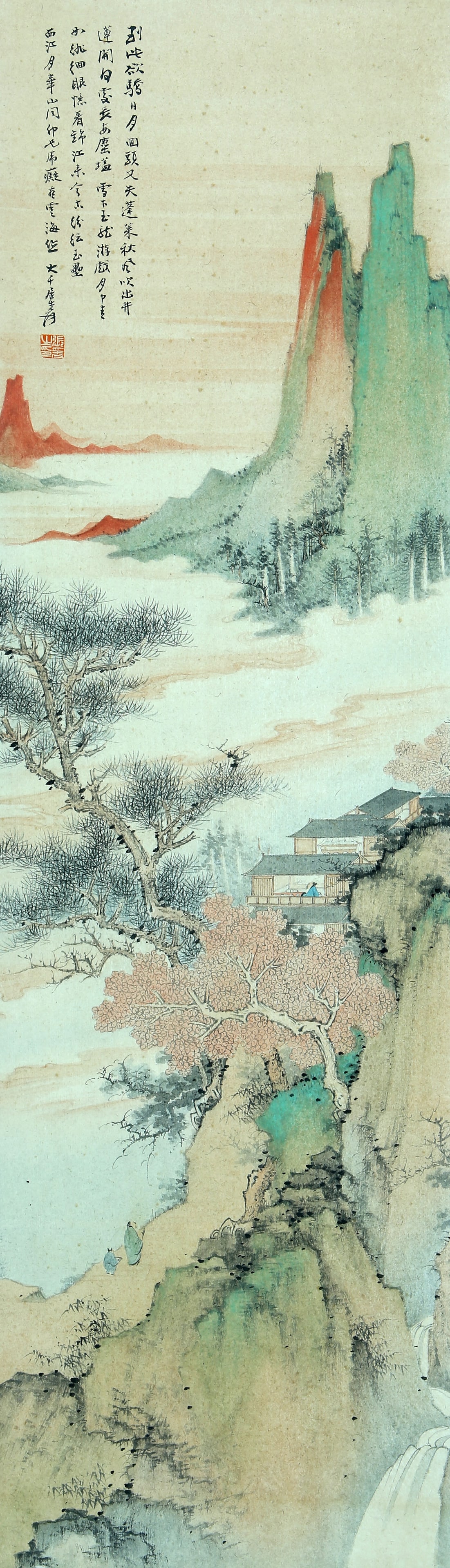 A CHINESE HAND PAINTING WITH THE MARK OF ZHANG DAQIAN: A CHINESE HAND PAINTING WITH THE MARK OF ZHANG DAQIAN 95*27cm