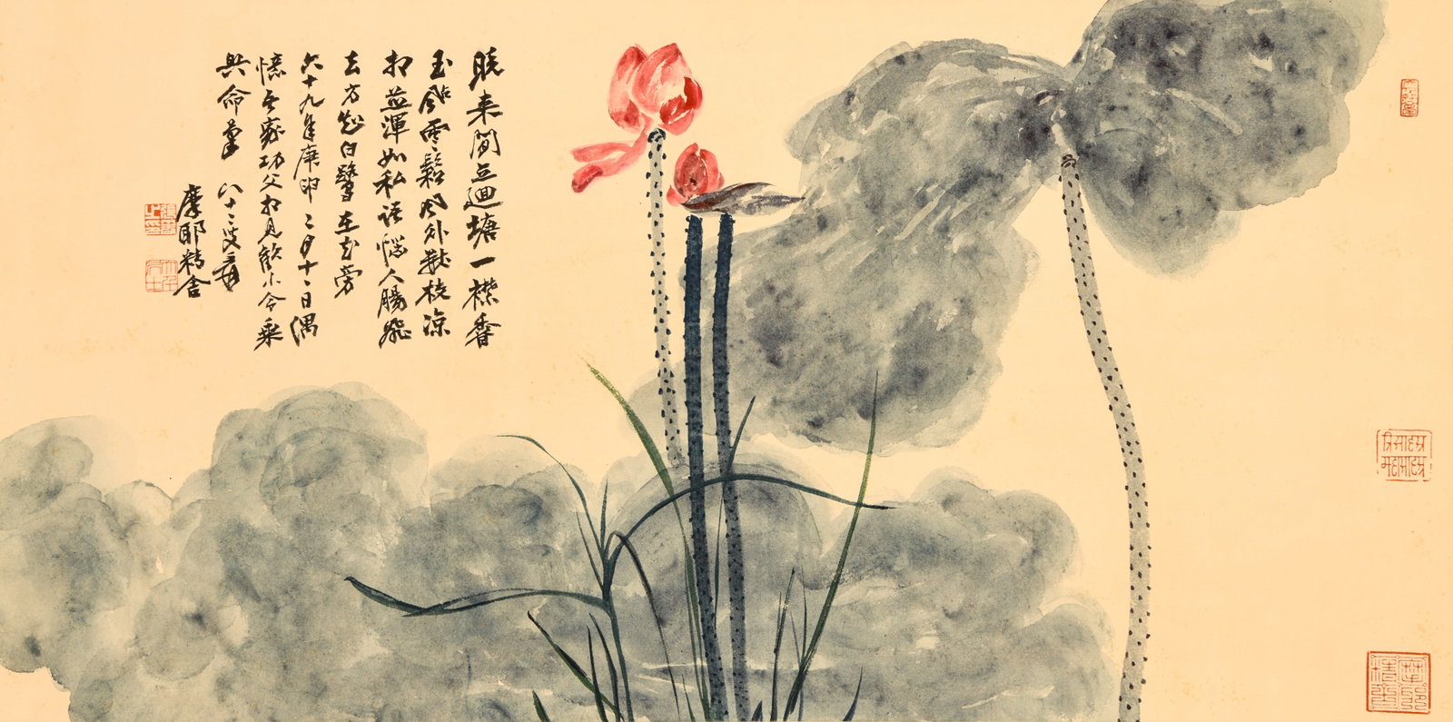 A CHINESE HAND PAINTING WITH THE MARK OF ZHANG DAQIAN: A CHINESE HAND PAINTING WITH THE MARK OF ZHANG DAQIAN 46*92cm