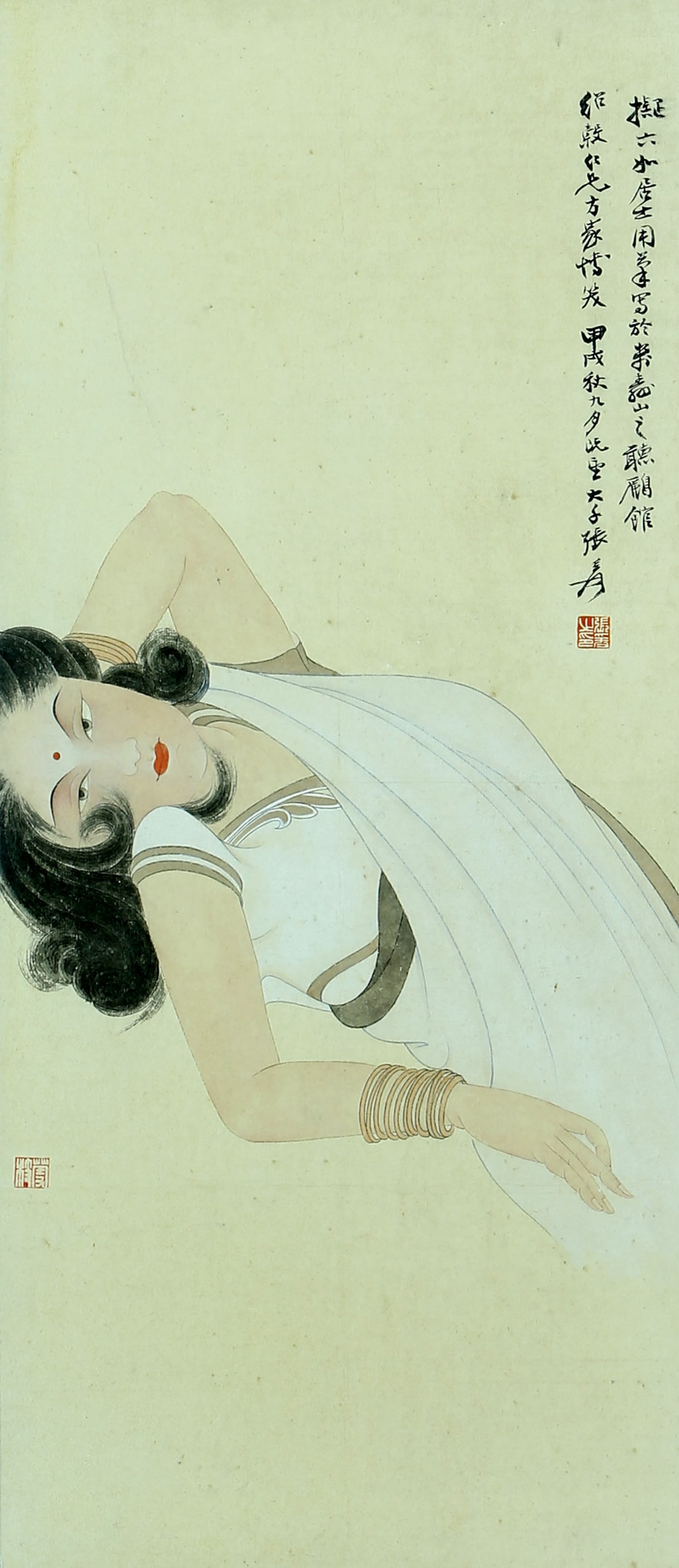 A CHINESE HAND PAINTING WITH THE MARK OF ZHANG DAQIAN: A CHINESE HAND PAINTING WITH THE MARK OF ZHANG DAQIAN 71*30cm