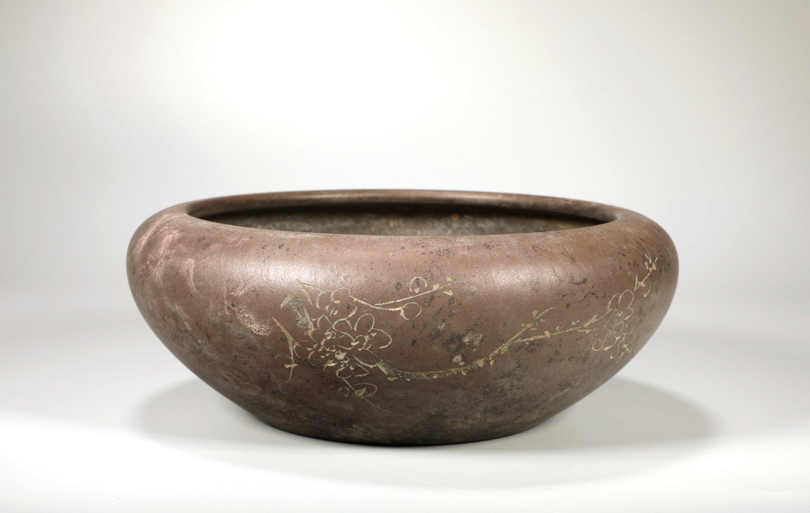 A ZISHA CARVED PLUM POETRY BRUSH WASHER: A ZISHA CARVED PLUM POETRY BRUSH WASHER Diam:21cm,Height:7.5cm