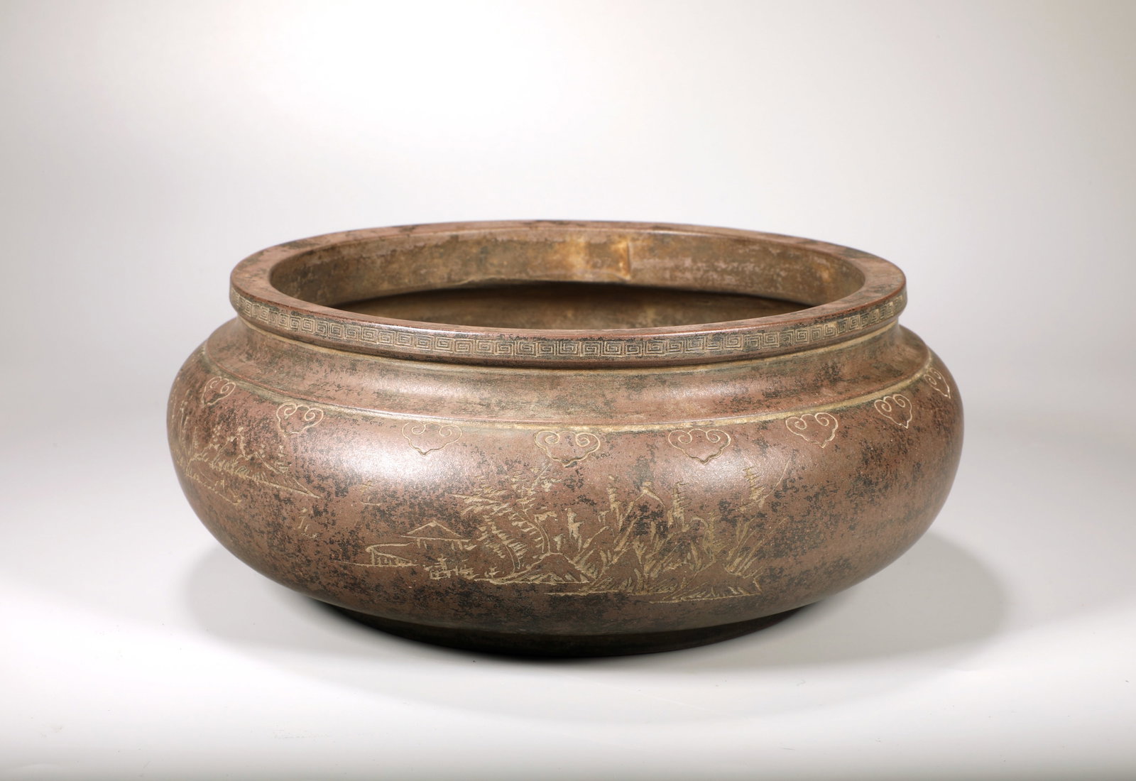 A ZISHA CARVED LANDSCAPE POETRY BRUSH WASHER: A ZISHA CARVED LANDSCAPE POETRY BRUSH WASHER Diam:23cm,Height:9cm