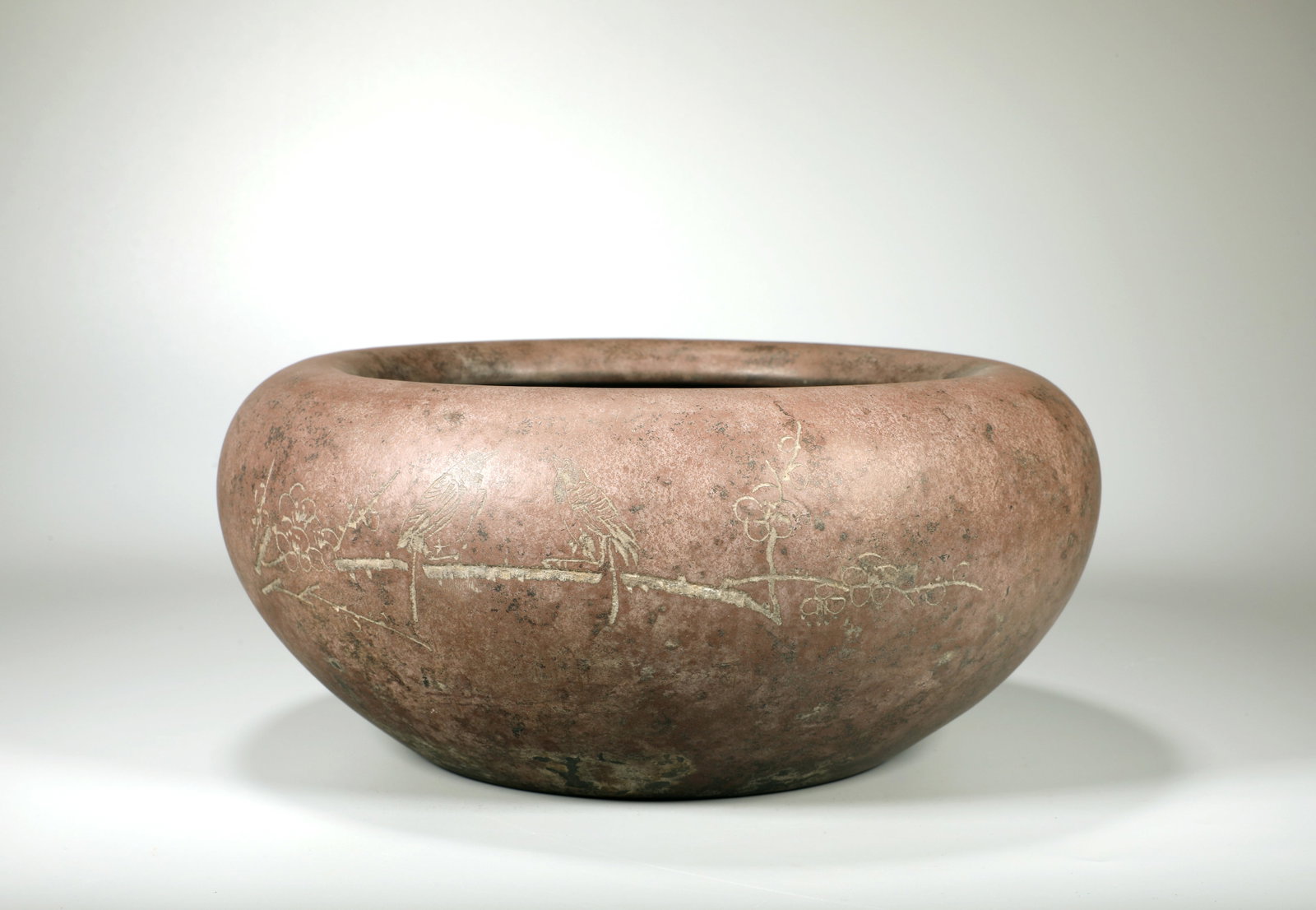 A ZISHA CARVED 'MAGPIE ON PLUM' POETRY BRUSH WASHER: A ZISHA CARVED 'MAGPIE ON PLUM' POETRY BRUSH WASHER Diam:25cm,Height:11cm