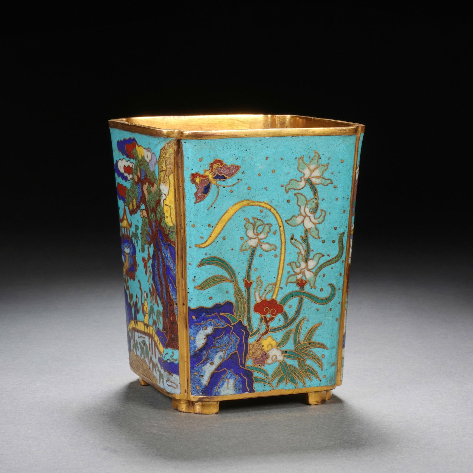 A BRONZE CLOISONNE ENAMEL SQUARE BRUSH POT (1 of 9)
