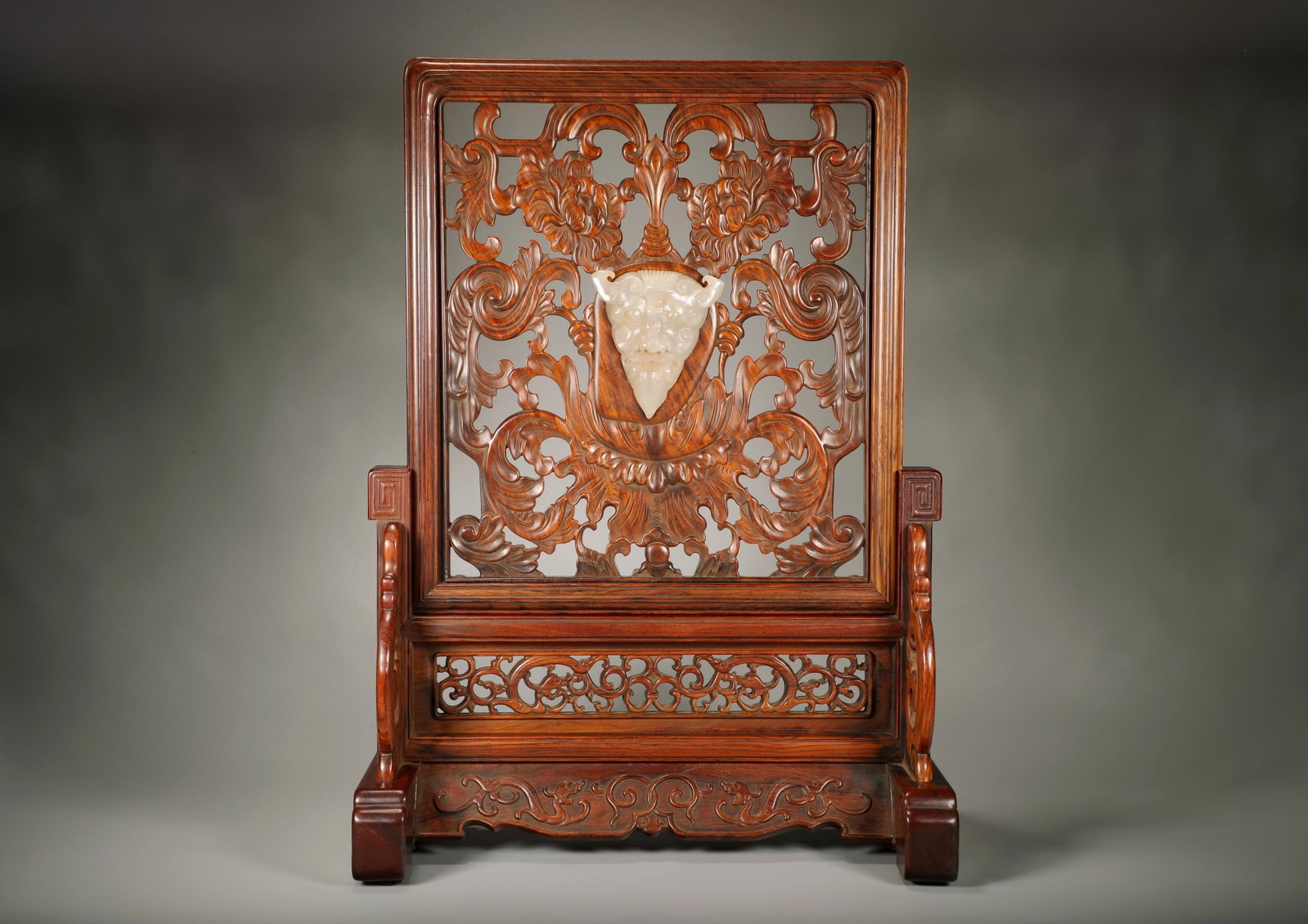 A HUANGHUALI CARVED FLORAL INLAID JADE TABLE SCREEN (1 of 7)