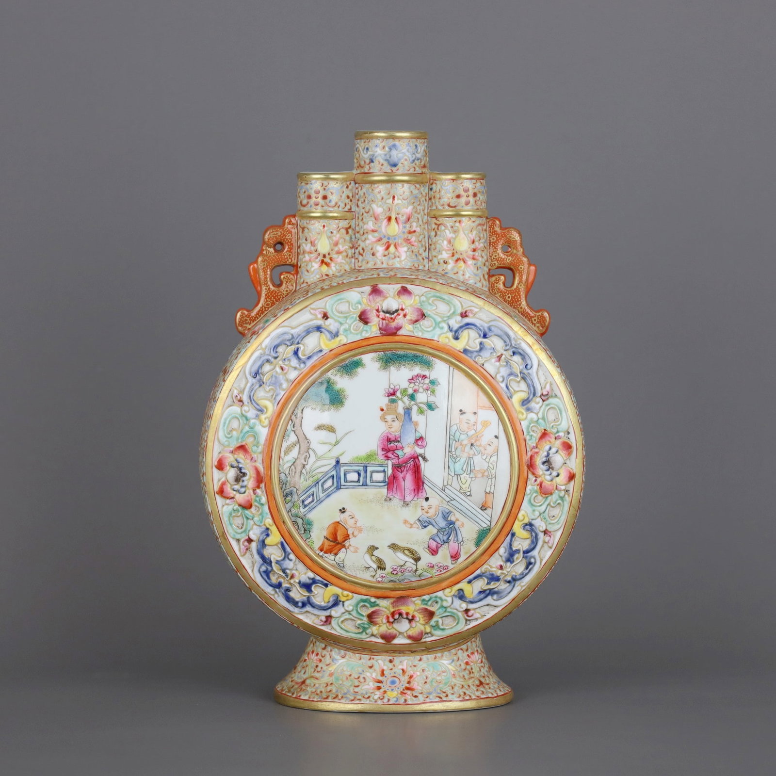 A FAMILLE ROSE THREE-TUBE MOONFLASK WITH BOYS AT PLAY IN OPENWORK (1 of 9)