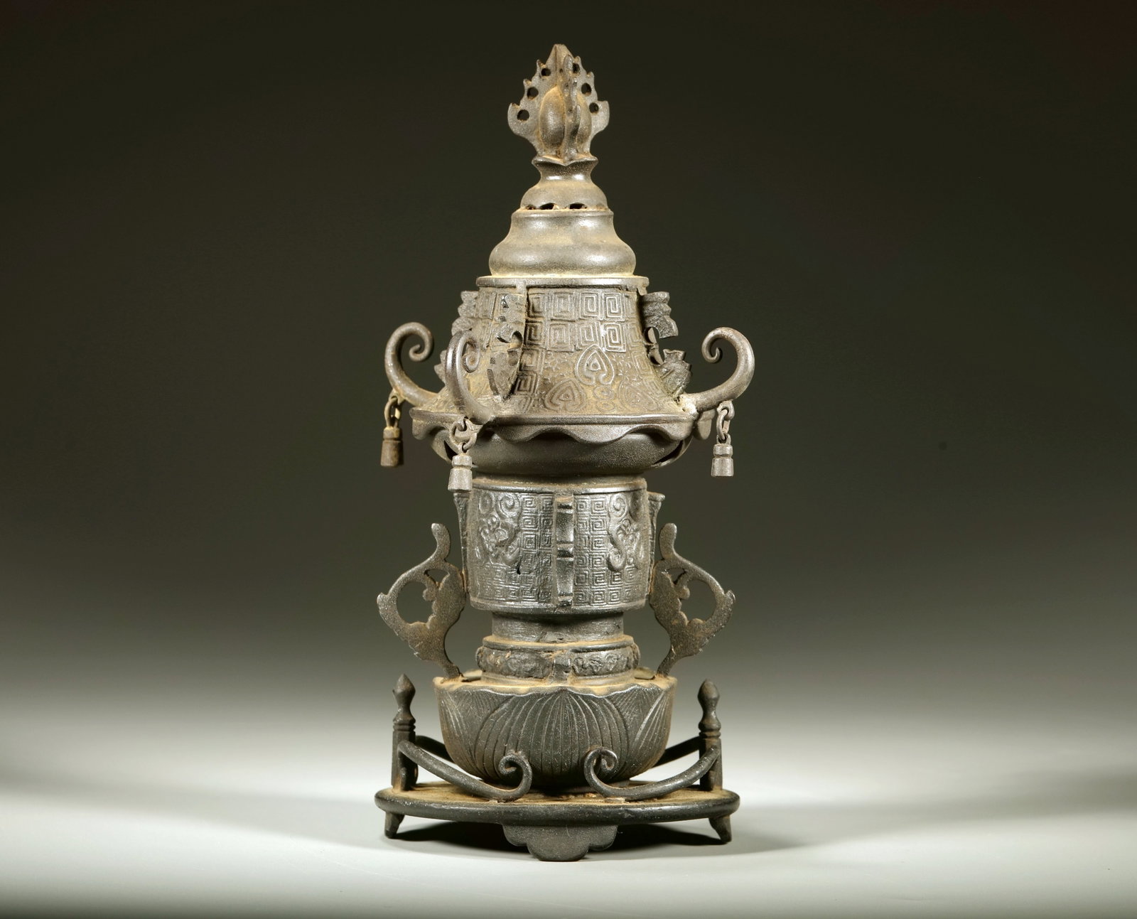 A BRONZE PAGODA BELL INCENSE BURNER (1 of 6)