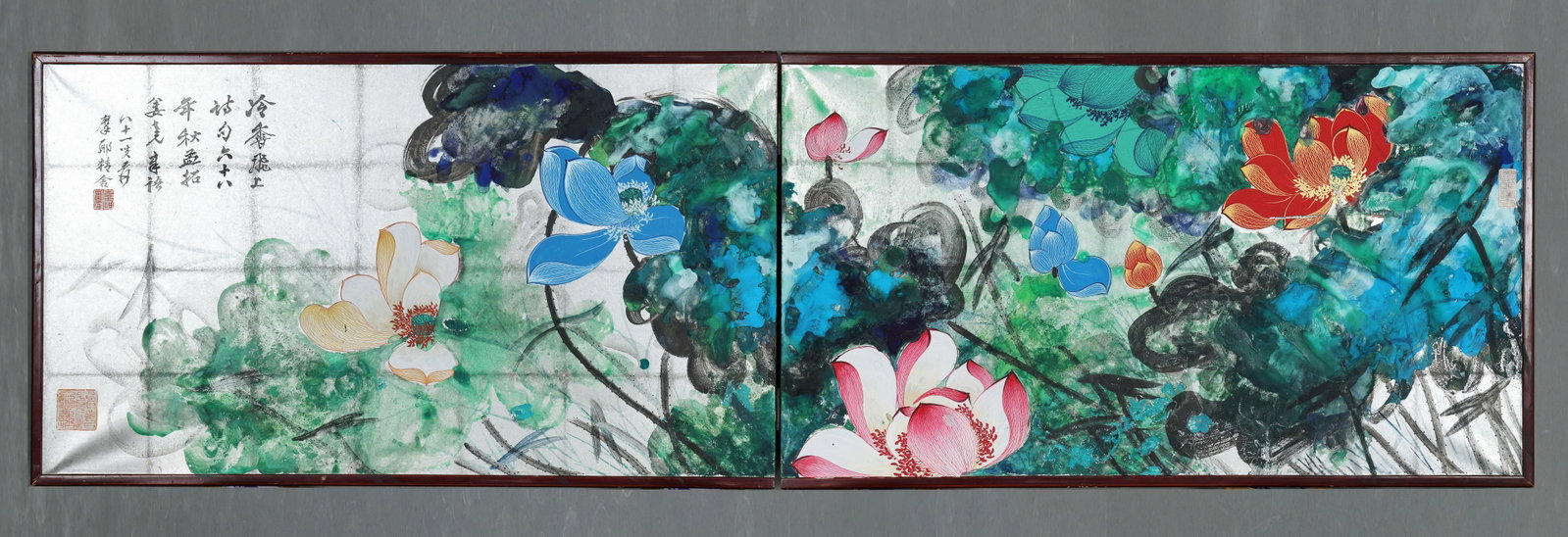 Chinese Drawing Colored Lotus Flower Wood Frame,Zhang Daqian Mark: Chinese Drawing Colored Lotus Flower Wood Frame,Zhang Daqian Mark (185 x 51cm)