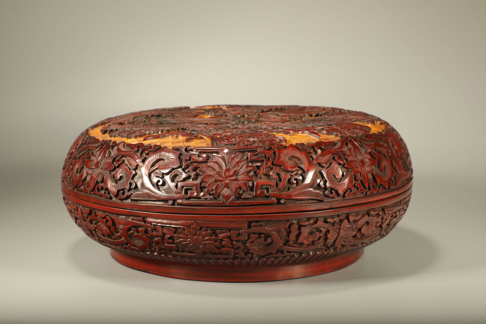 Lacquerware Red Carved Flower and Dragon Pattern Lid Box - 4