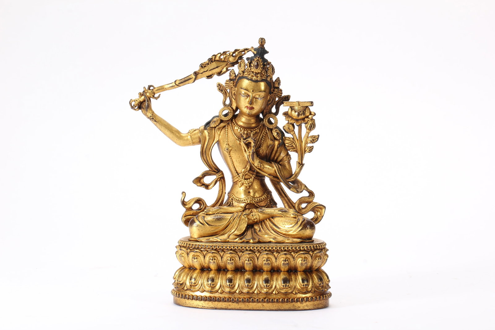 Gilt Bronze Manjushri Figure: Gilt Bronze Manjushri Figure (11 x 16 x 7cm)