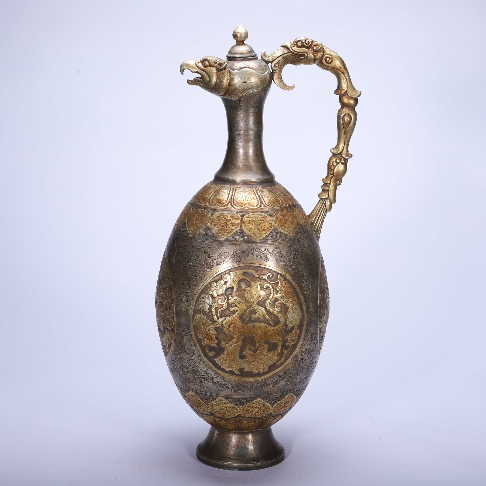 Gilt Silver Carved Beast and Flower Pattern Pot: Gilt Silver Carved Beast and Flower Pattern Pot (39cm)