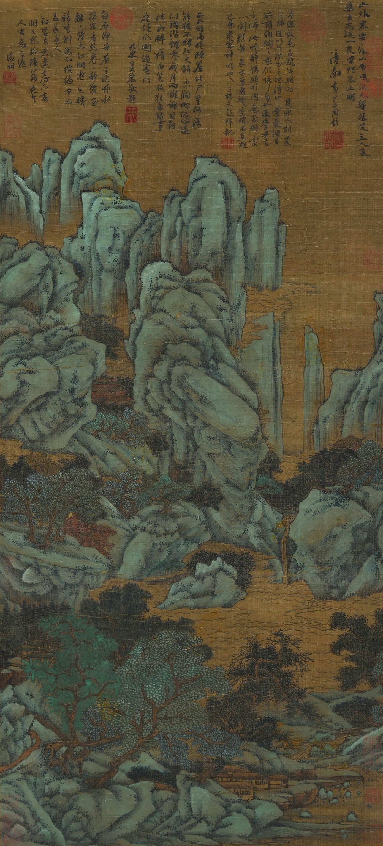 Wen Zhengming mark. Chinese Landscape painting. Ink and Color on Silk. Hanging Scroll.: Wen Zhengming mark. Chinese Landscape painting. Ink and Color on Silk. Hanging Scroll. (103 x 47cm)