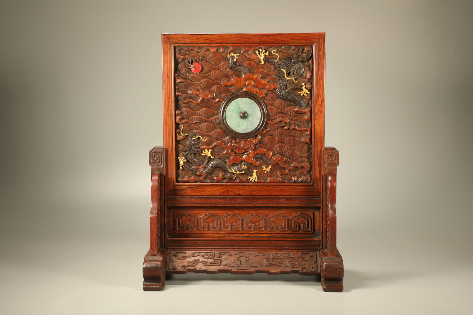 Huanghuali Wood Inlaid Red Sandalwood and Jadeite Carved Cloud and Dragon Pattern Table Plaque (1 of 7)