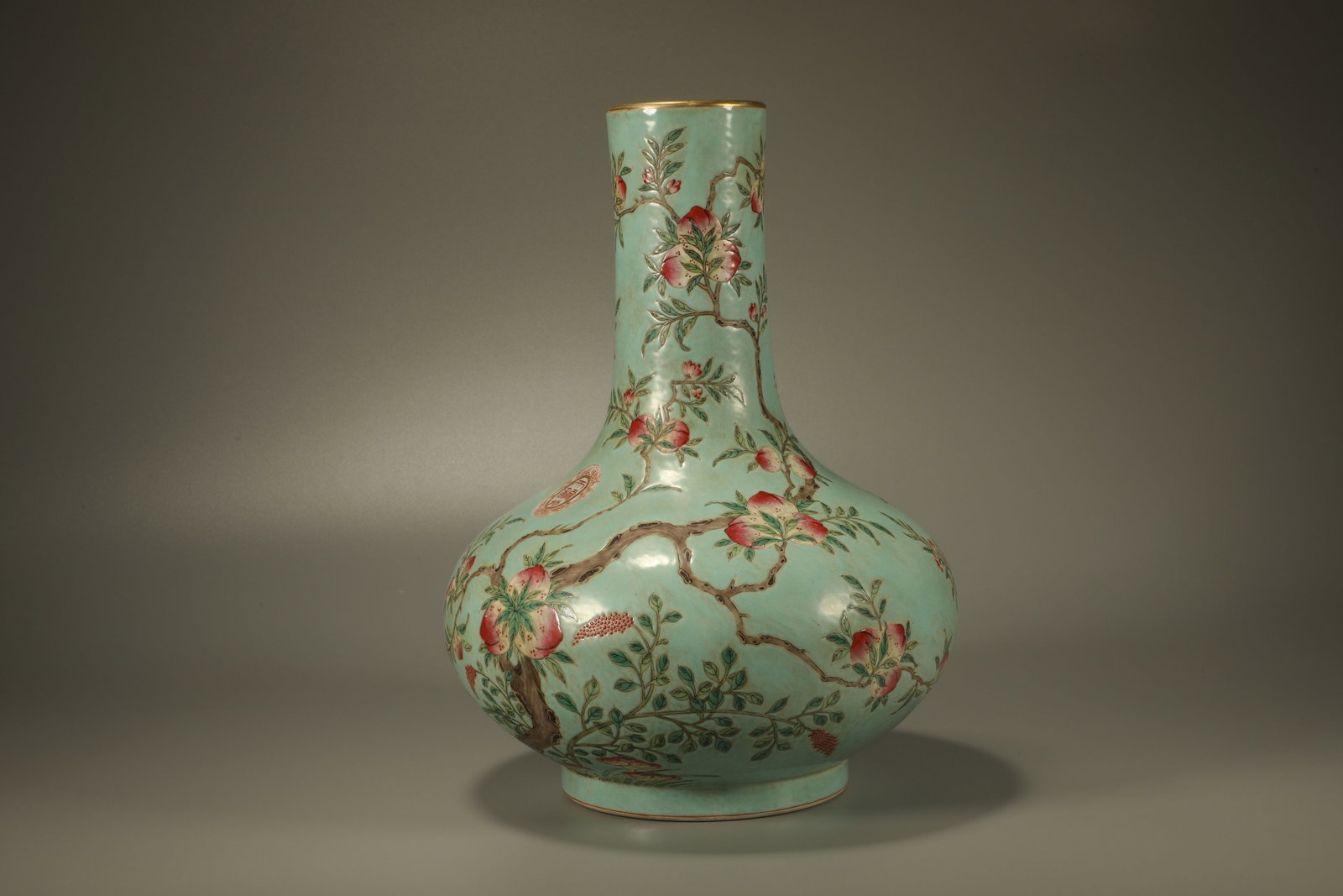 Turquoise Green Glazed Peach Pattern Porcelain Vase - 3