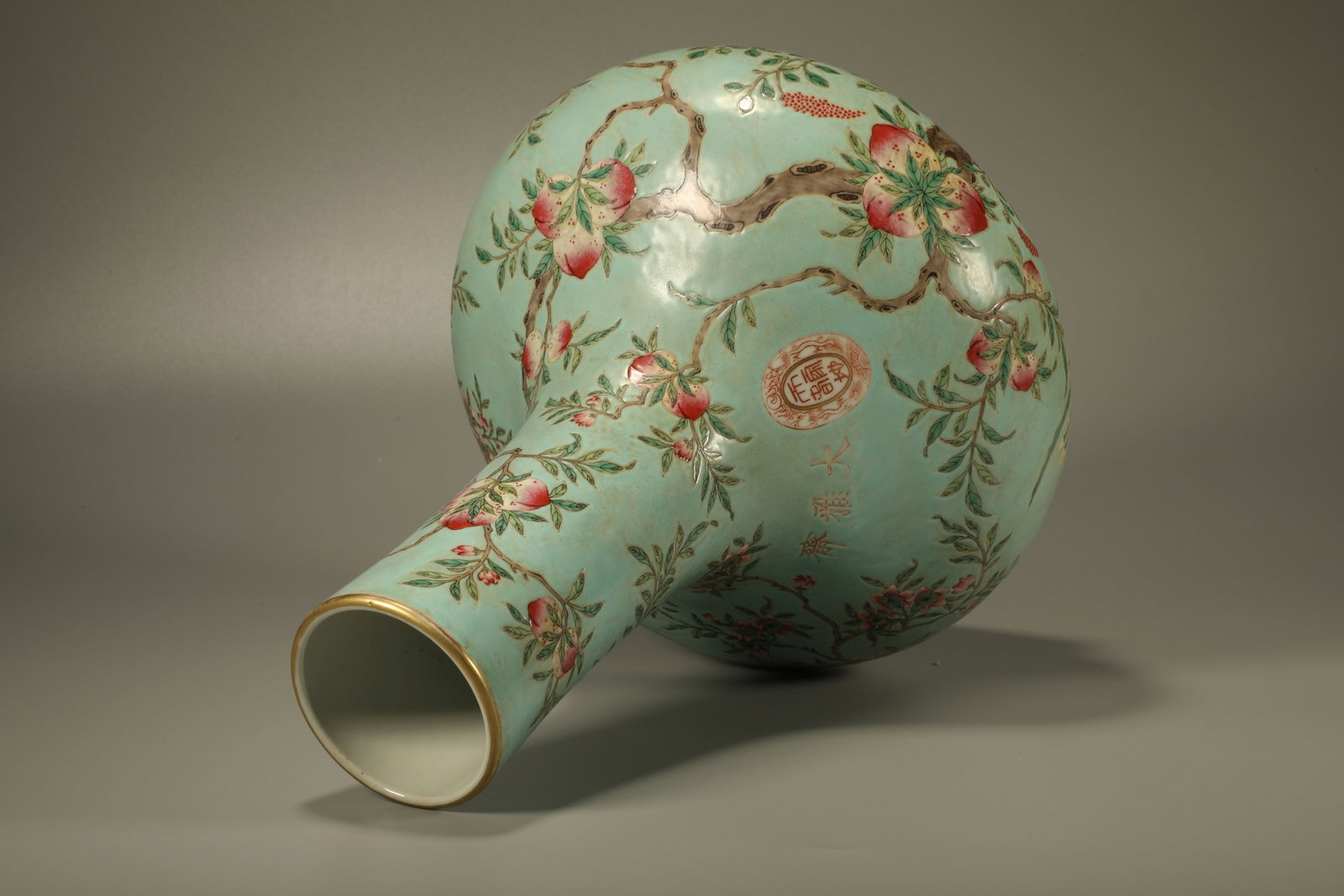 Turquoise Green Glazed Peach Pattern Porcelain Vase - 6