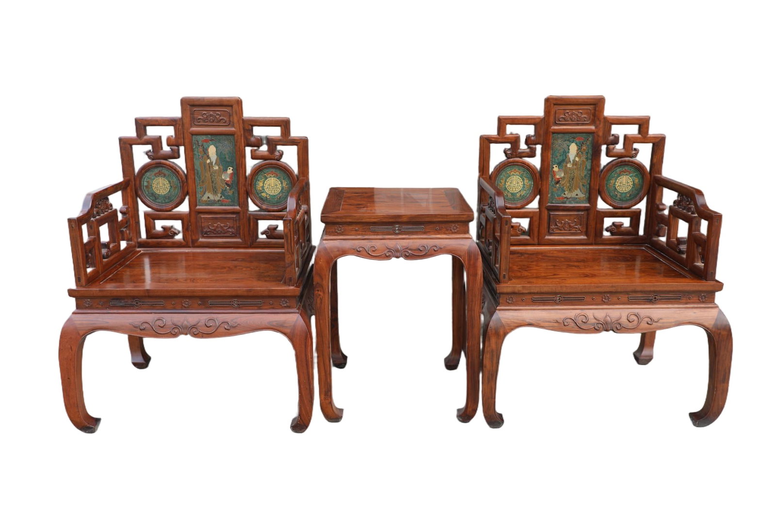Group of Three Huanghuali Wood Inlaid Marble Carved Character Pattern Taishi Chair and Square Table: Group of Three Huanghuali Wood Inlaid Marble Carved Character Pattern Taishi Chair and Square Table (69 x 56 x 107cm)