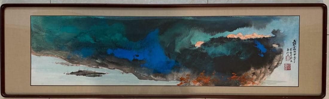 Chinese Drawing Colored Landscape Painting Wood Frame,Zhang Daqian Mark: Chinese Drawing Colored Landscape Painting Wood Frame,Zhang Daqian Mark (162 x 47cm)