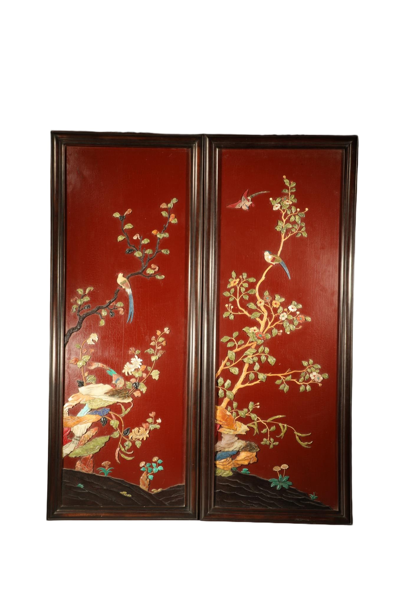 Pair of Red Sandalwood Multi GemStone Inlaid Carved Flower and Bird Pattern Wall Panel: Pair of Red Sandalwood Multi GemStone Inlaid Carved Flower and Bird Pattern Wall Panel (109.5 x 43 x 3cm)