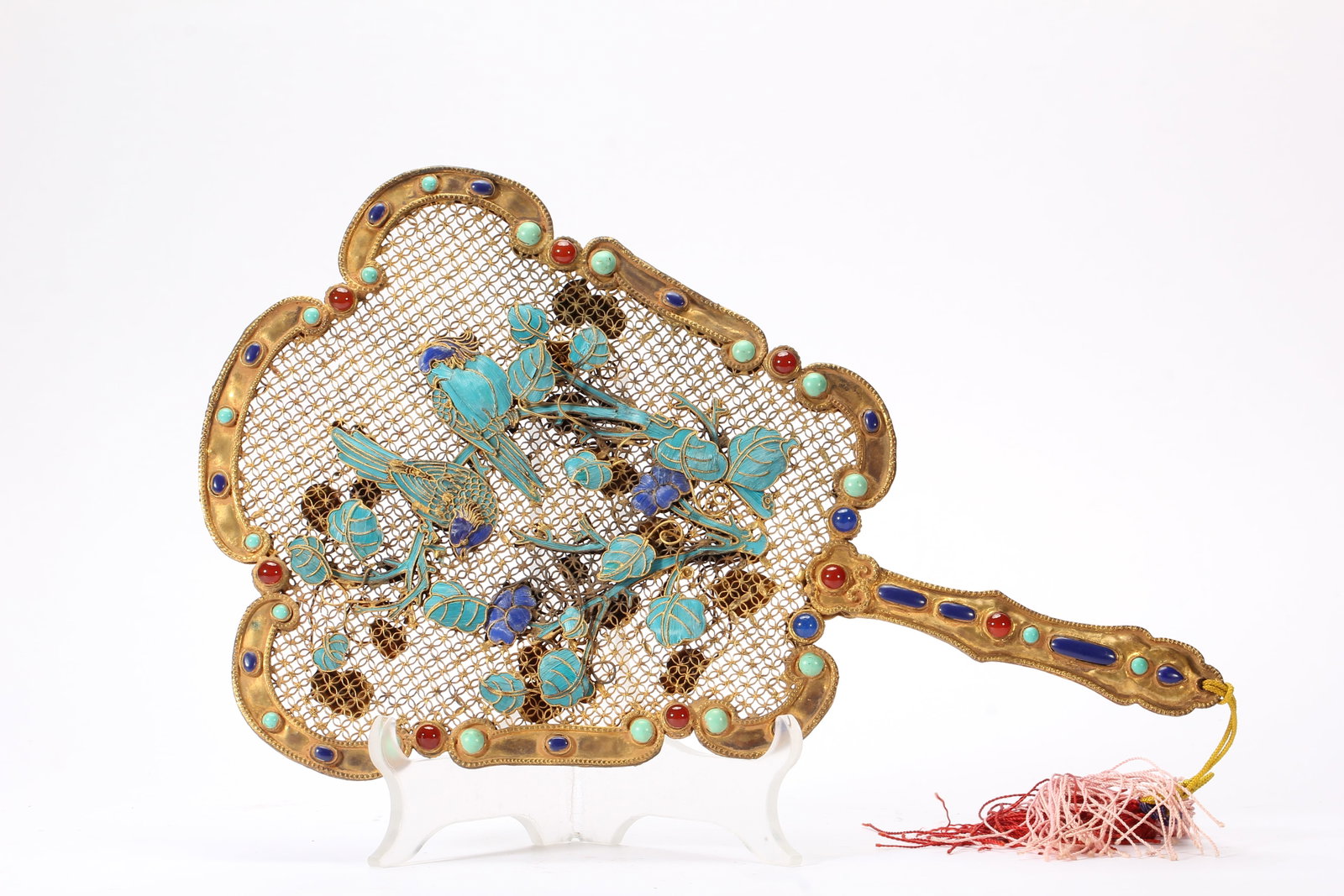 Gilt Silver Inlaid Gem Stone and Blue Feather Carved Flower and Bird Pattern Fan (1 of 12)