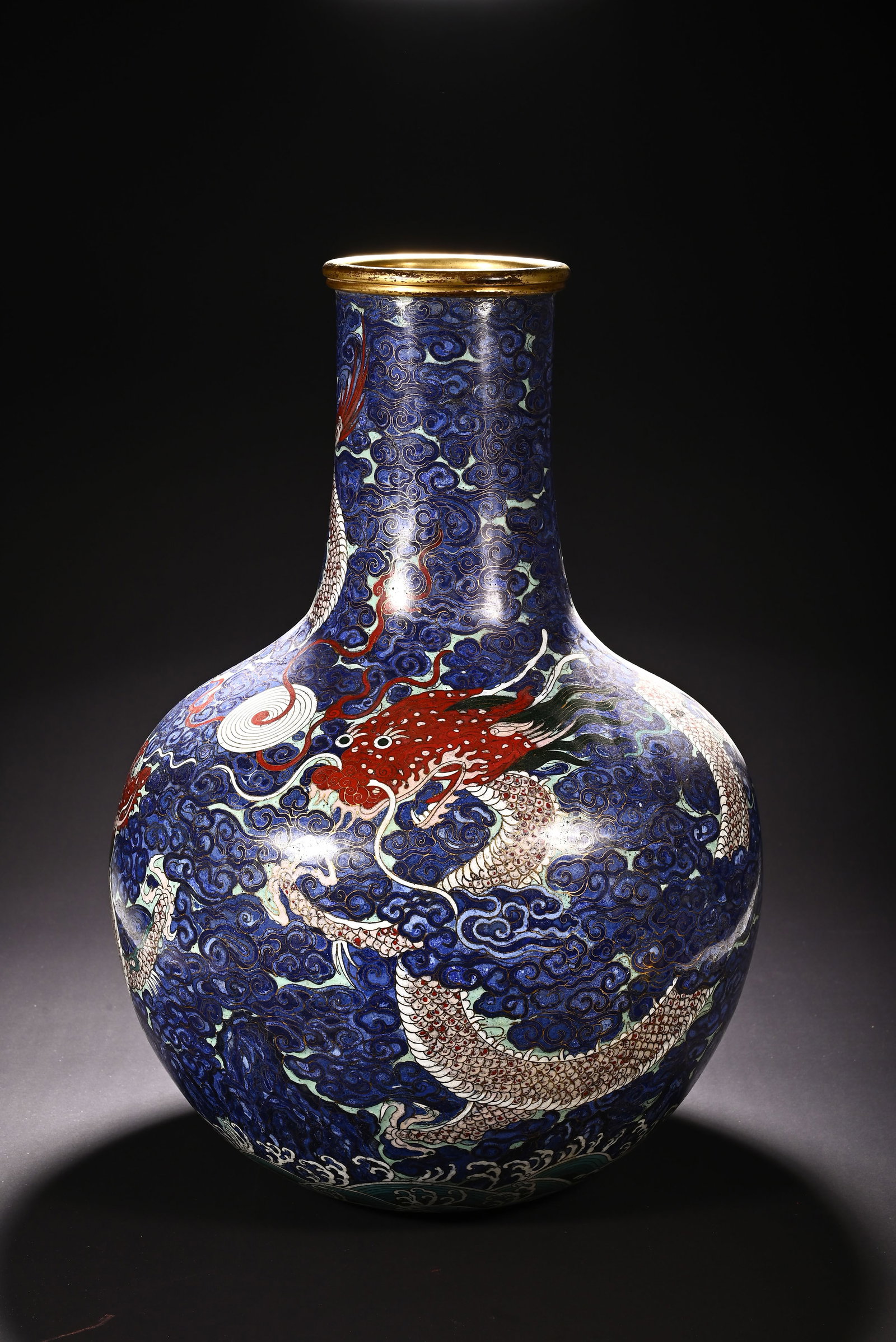 Bronze Cloisonne Carved Cloud and Dragon Pattern Tianqiu Vase: Bronze Cloisonne Carved Cloud and Dragon Pattern Tianqiu Vase (48 x 34cm)