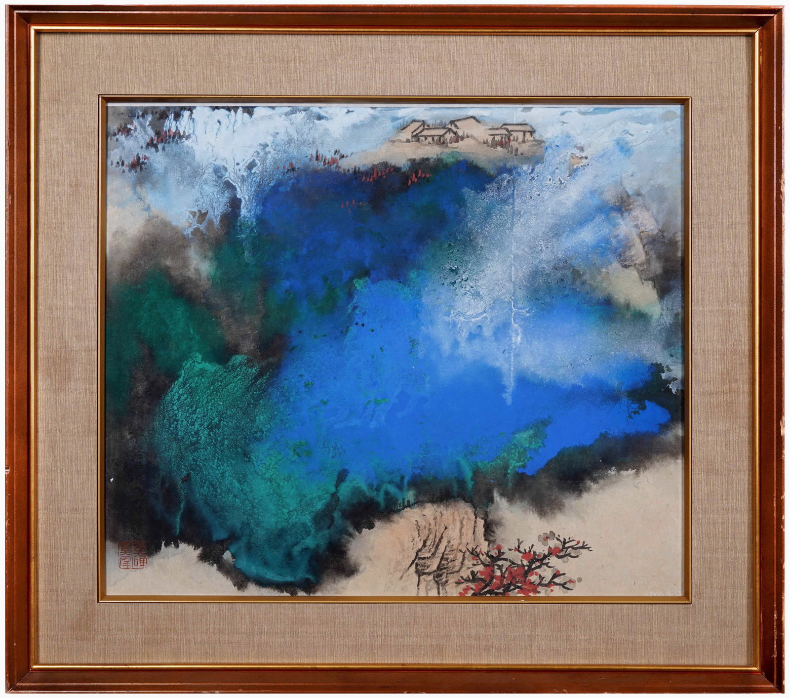 Chinese Drawing Colored Landscape Painting Wood Frame,Zhang Daqian Mark: Chinese Drawing Colored Landscape Painting Wood Frame,Zhang Daqian Mark (68 x 60cm)