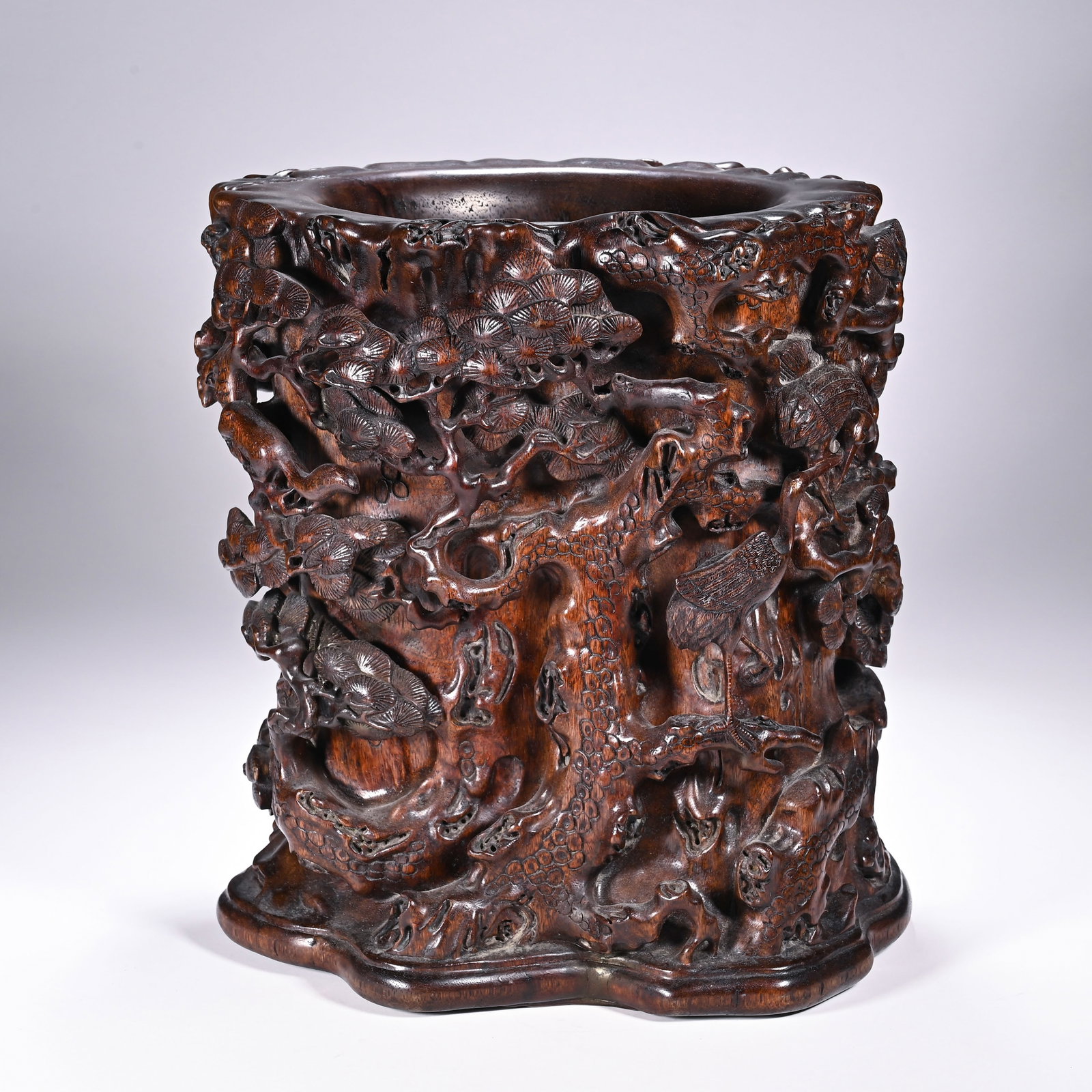 Agarwood Carved Pine Tree and Crane Pattern Brush Pot: Agarwood Carved Pine Tree and Crane Pattern Brush Pot (29 x 27cm)