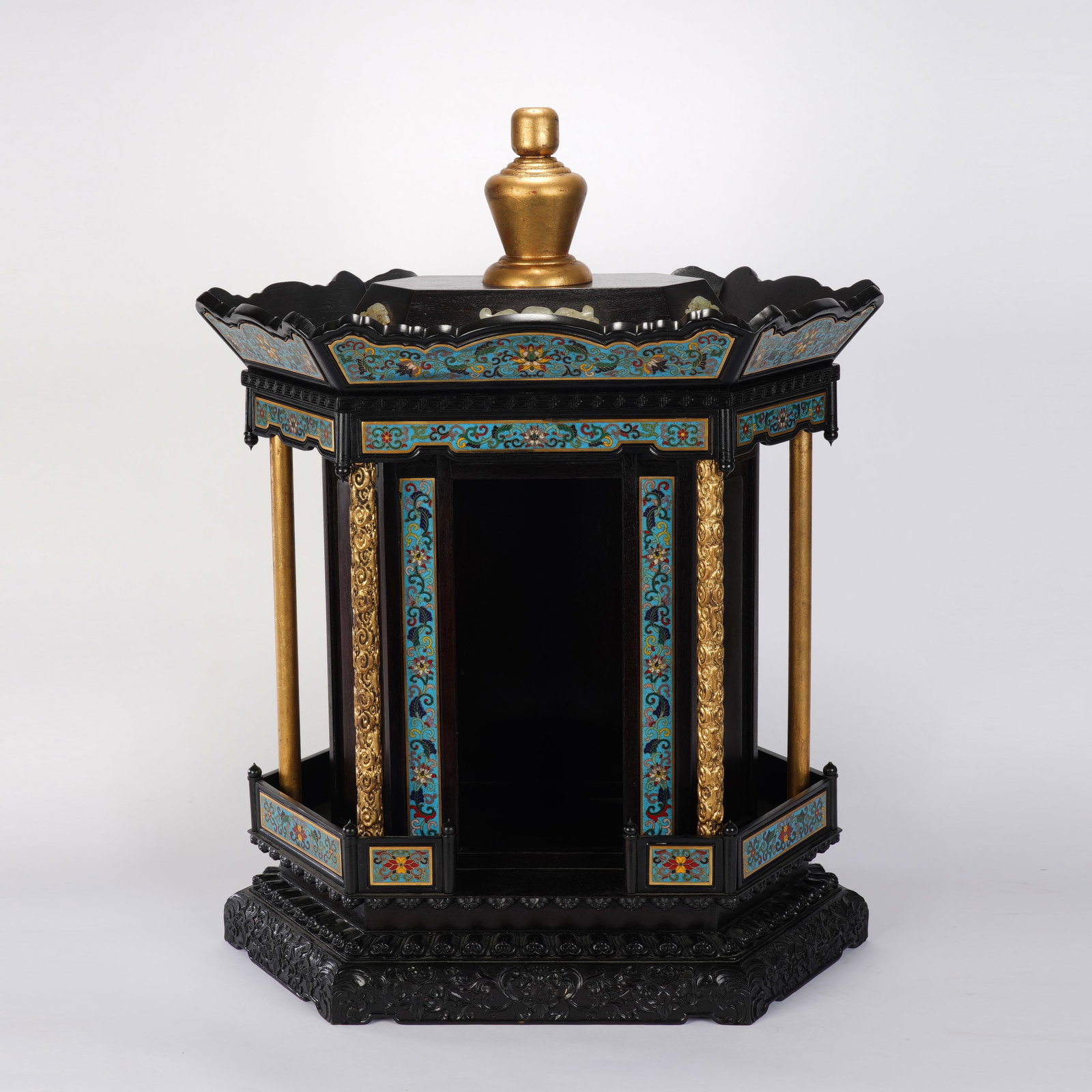 Red Sandalwood Inlaid Bronze Cloisonne Carved Flower and Dragon Pattern Buddha Niche: Red Sandalwood Inlaid Bronze Cloisonne Carved Flower and Dragon Pattern Buddha Niche (50 x 33 x 63cm)