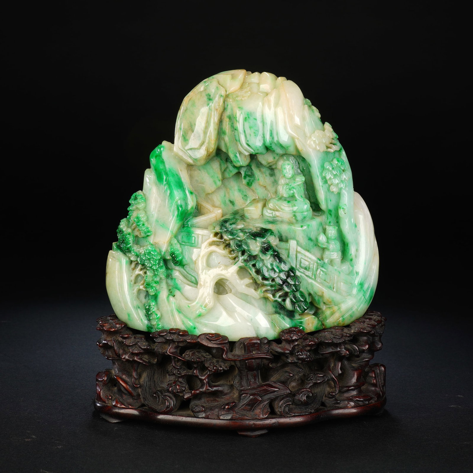 Jadeite Carved Landscape and Character Shape Figure: Jadeite Carved Landscape and Character Shape Figure (14 x 7 x 17cm)