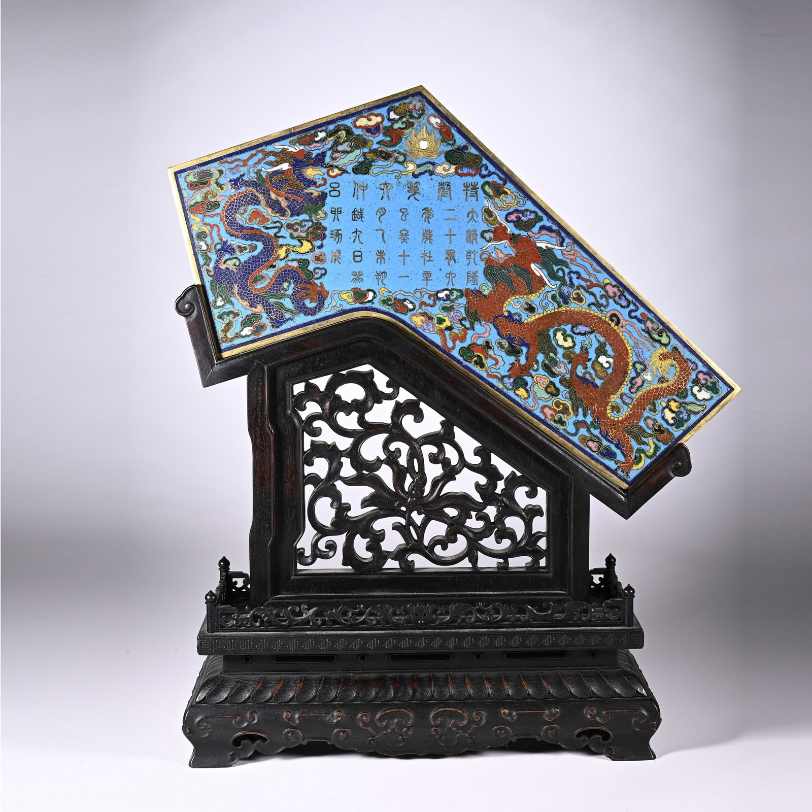 Bronze Cloisonne Carved Flower and Dragon & Poetry Pattern Qin: Bronze Cloisonne Carved Flower and Dragon & Poetry Pattern Qin (42 x 35cm)