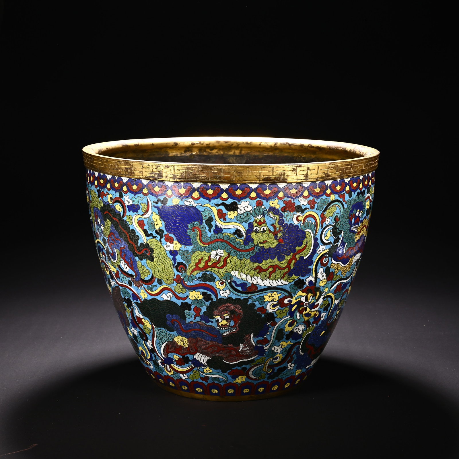 Bronze Cloisonne Carved Lion and Cloud Pattern Pot: Bronze Cloisonne Carved Lion and Cloud Pattern Pot (25.2 x 31cm)