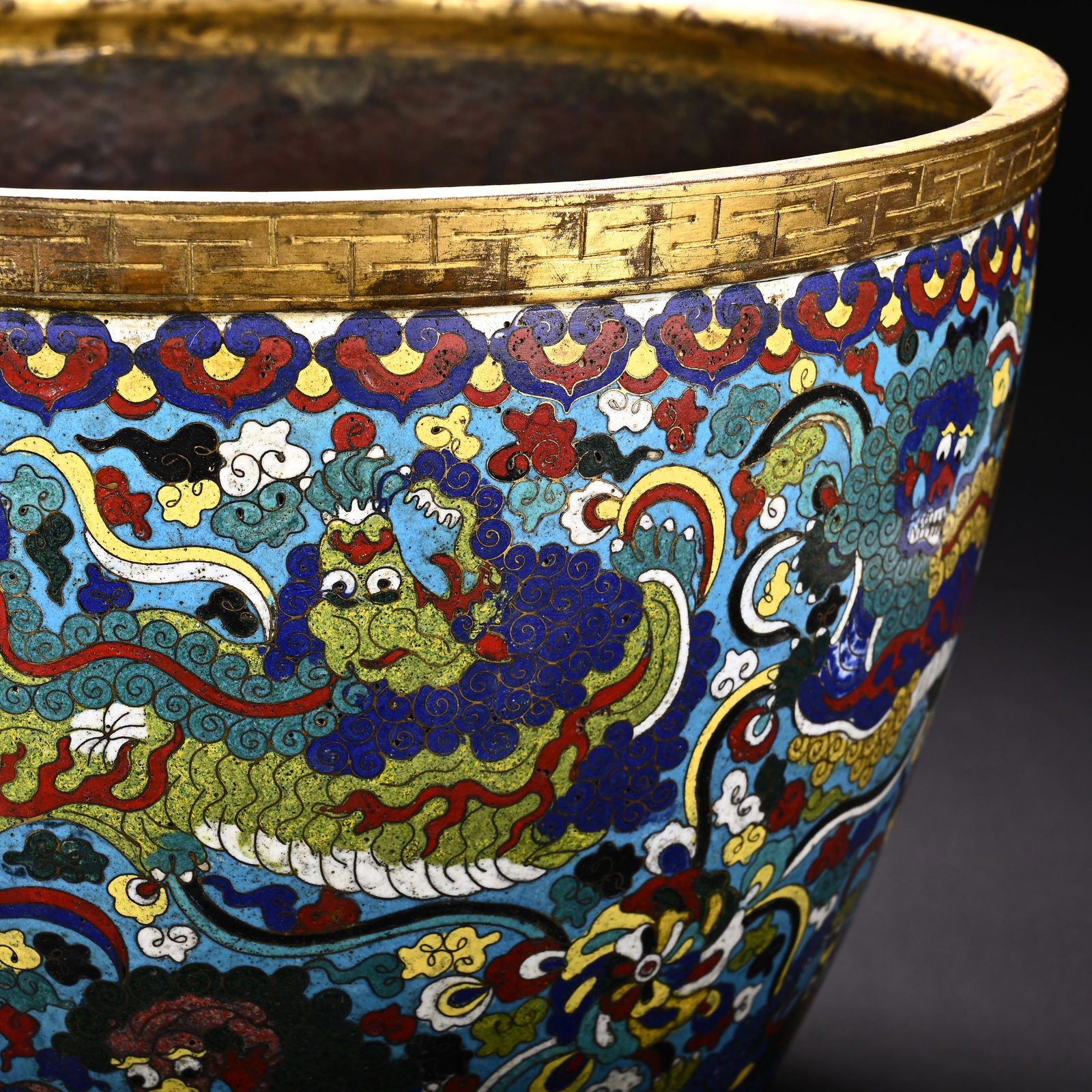 Bronze Cloisonne Carved Lion and Cloud Pattern Pot - 2