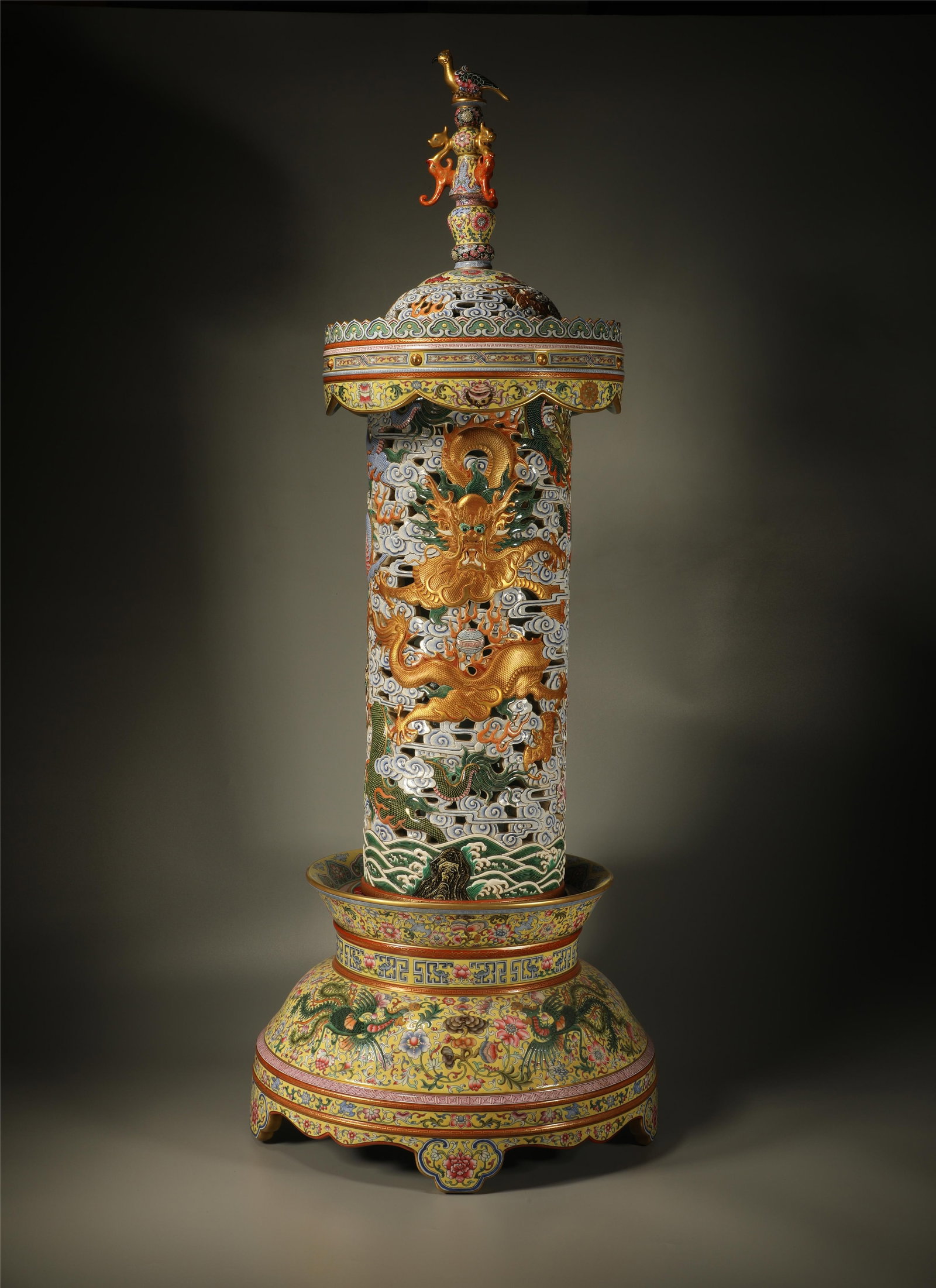 Enamel Drawing Carved Dragon and Phoenix & Sea Wave Pattern Porcelain Incense Burner: Enamel Drawing Carved Dragon and Phoenix & Sea Wave Pattern Porcelain Incense Burner (108 x 41cm)