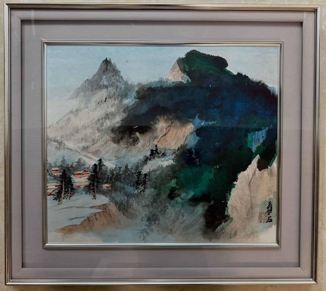 Chinese Drawing Colored Landscape Painting Wood Frame,Zhang Daqian Mark: Chinese Drawing Colored Landscape Painting Wood Frame,Zhang Daqian Mark (62 x 70cm)