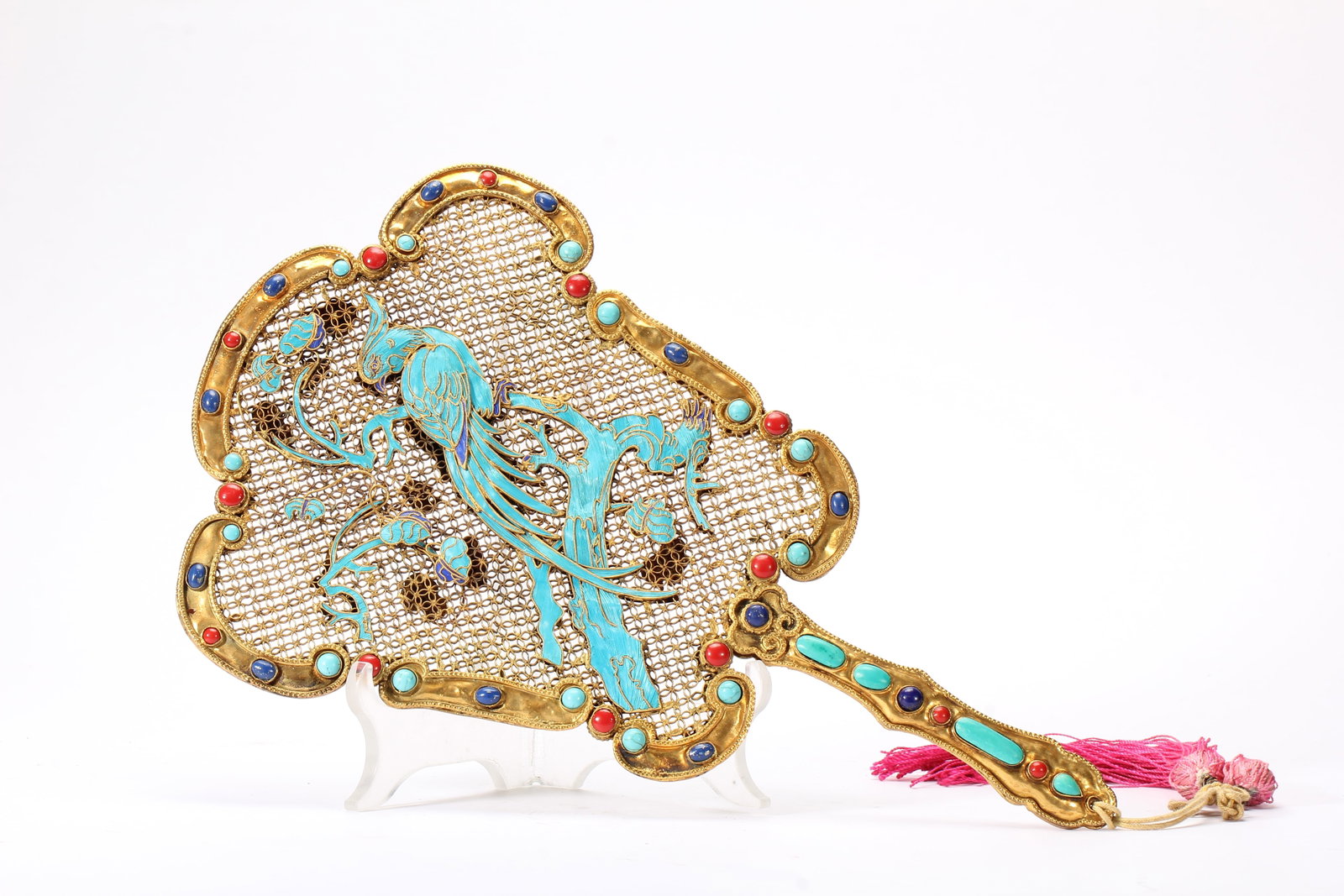 Gilt Silver Inlaid Gem Stone and Blue Feather Carved Flower and Bird Pattern Fan (1 of 13)