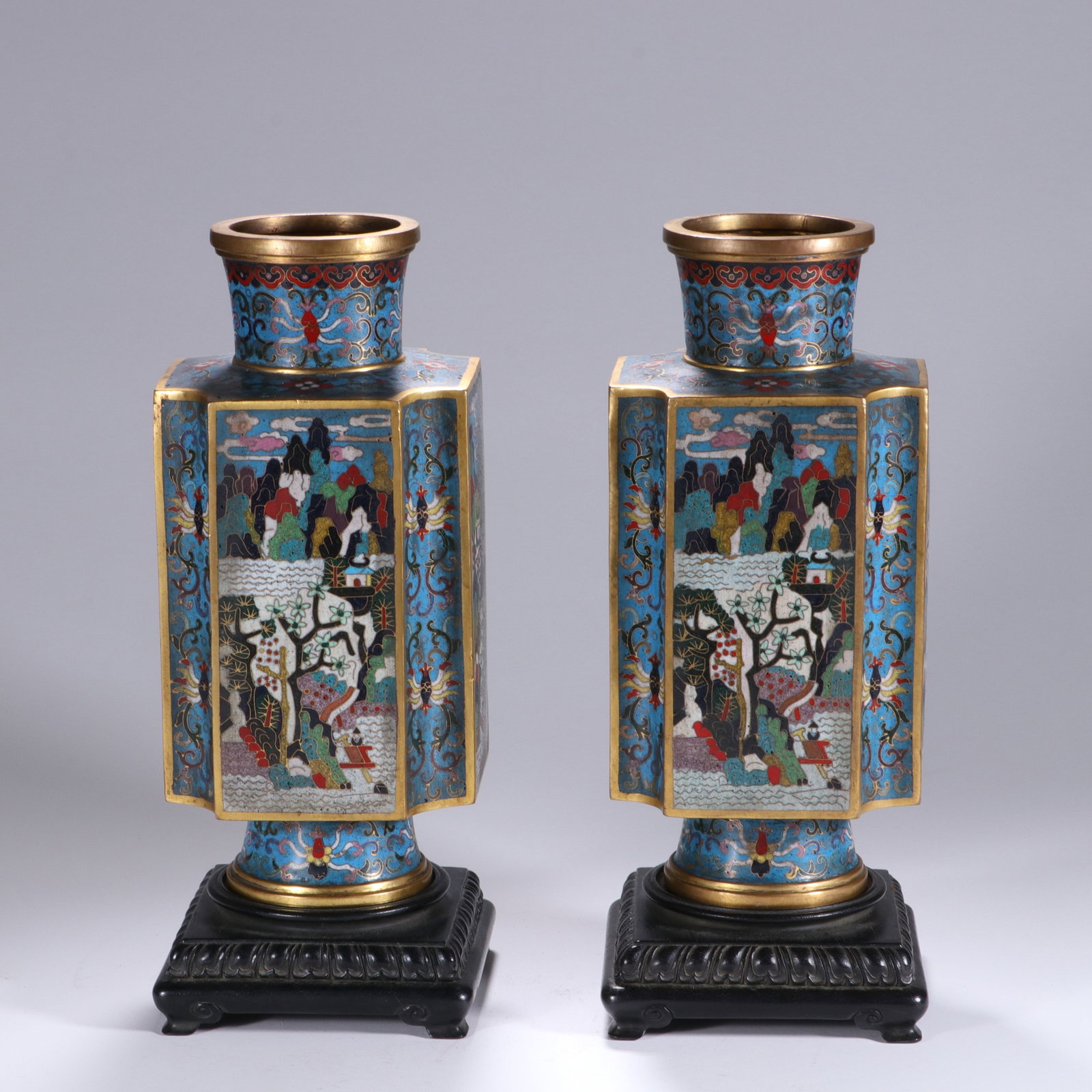Pair of Bronze Cloisonne Carved Landscape and Character Story Pattern Cong Shape Vase: Pair of Bronze Cloisonne Carved Landscape and Character Story Pattern Cong Shape Vase (25cm)