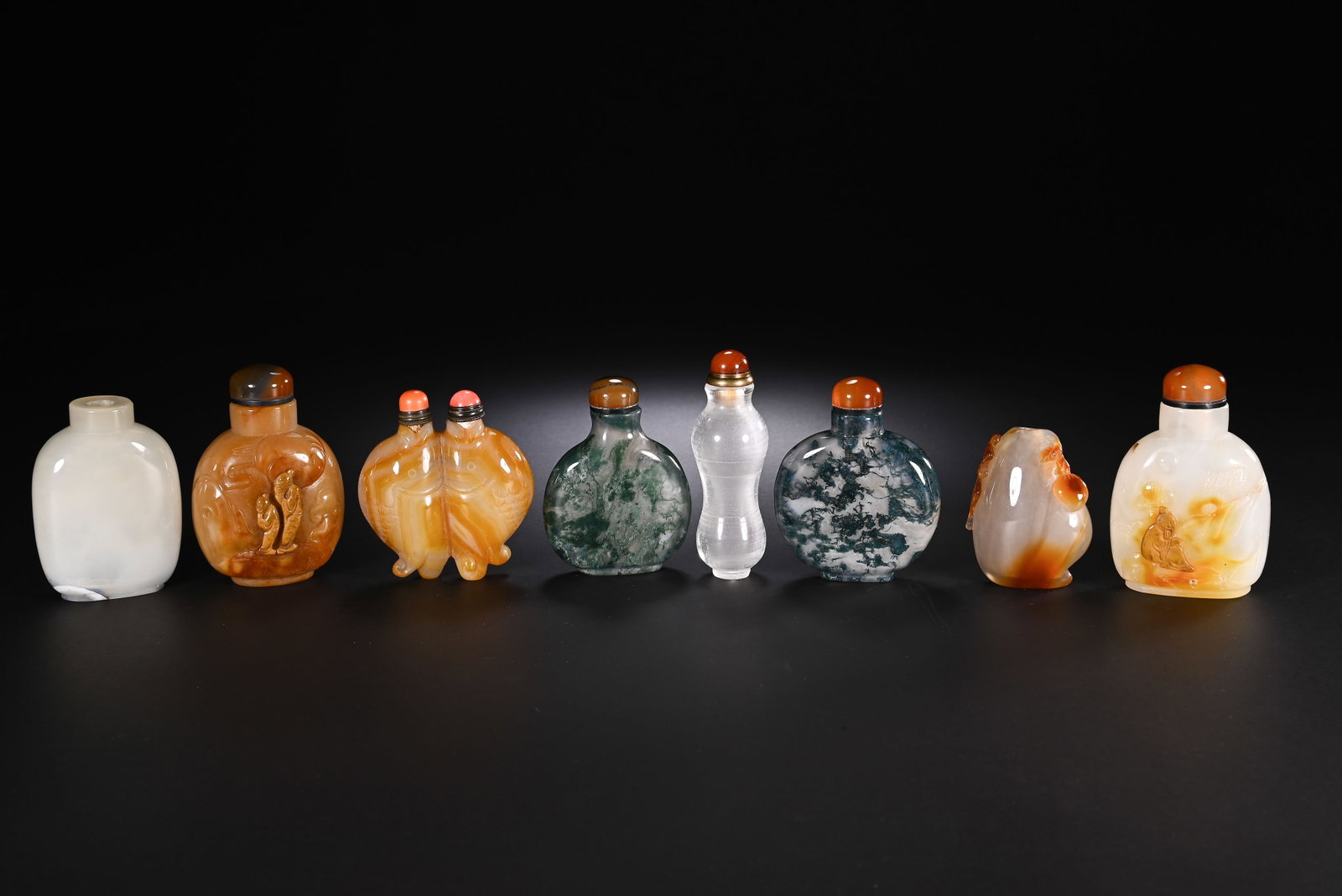 Group of Eight Agate Carved Landscape Pattern Snuff Bottle: Group of Eight Agate Carved Landscape Pattern Snuff Bottle