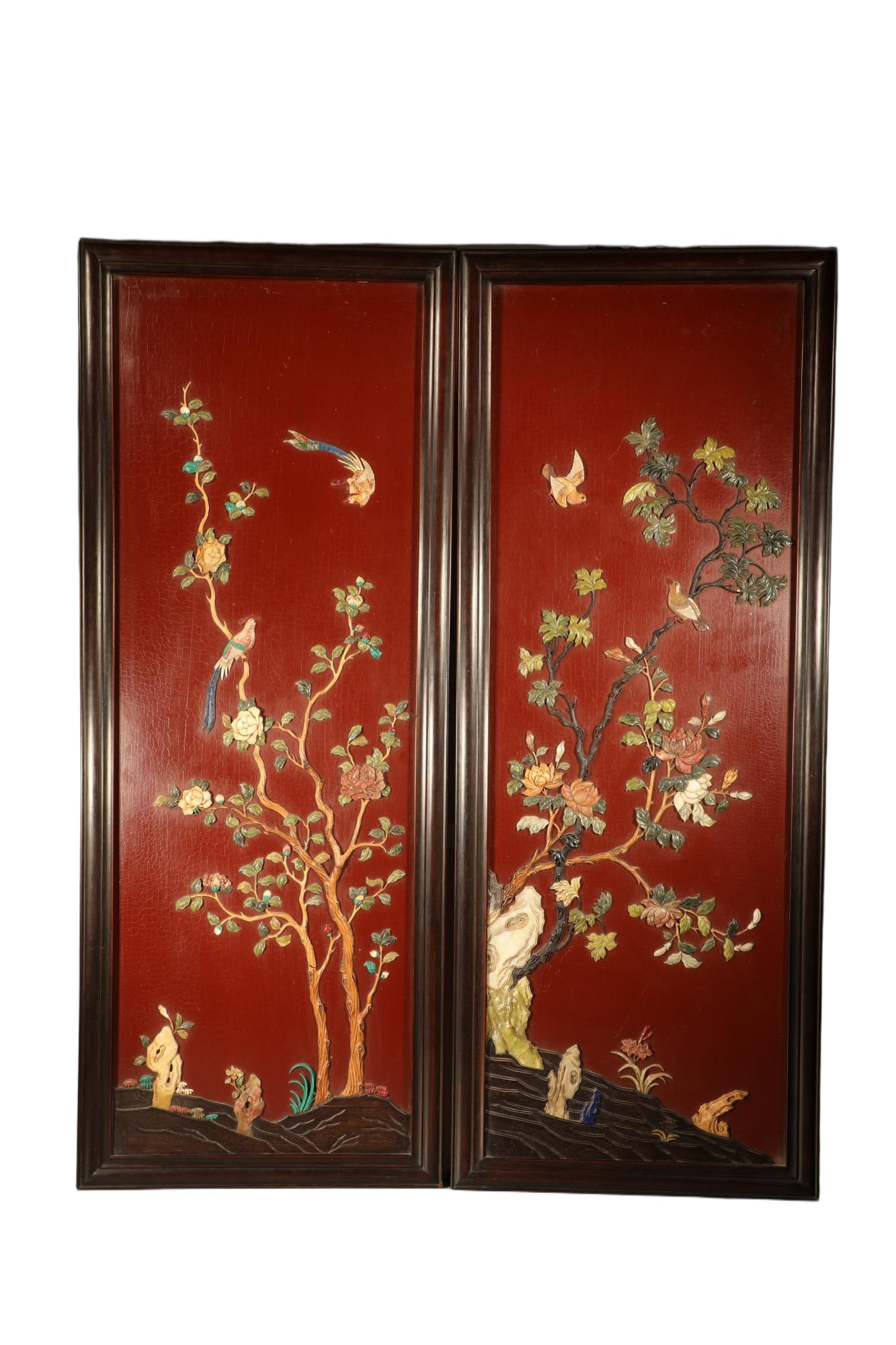 Pair of Red Sandalwood Inlaid Multi GemStone Carved Flower and Bird Pattern Wall Panel: Pair of Red Sandalwood Inlaid Multi GemStone Carved Flower and Bird Pattern Wall Panel (109.5 x 43 x 3cm)