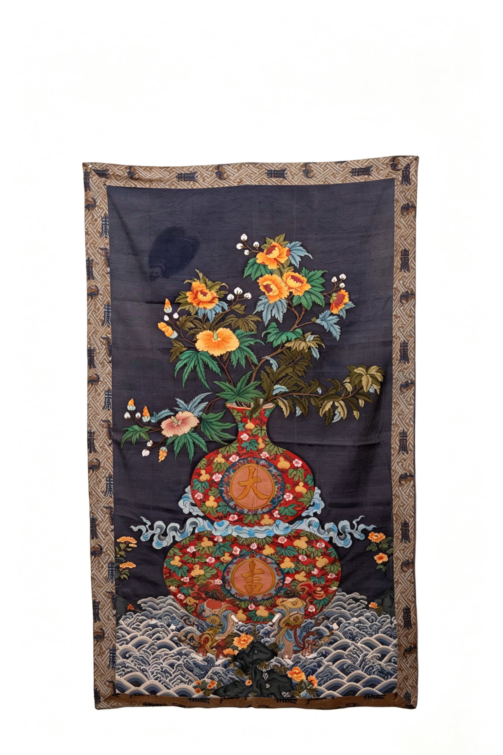 Silk Embroidery Gourd and Flower Pattern Kesi: Silk Embroidery Gourd and Flower Pattern Kesi (169 x 100cm)