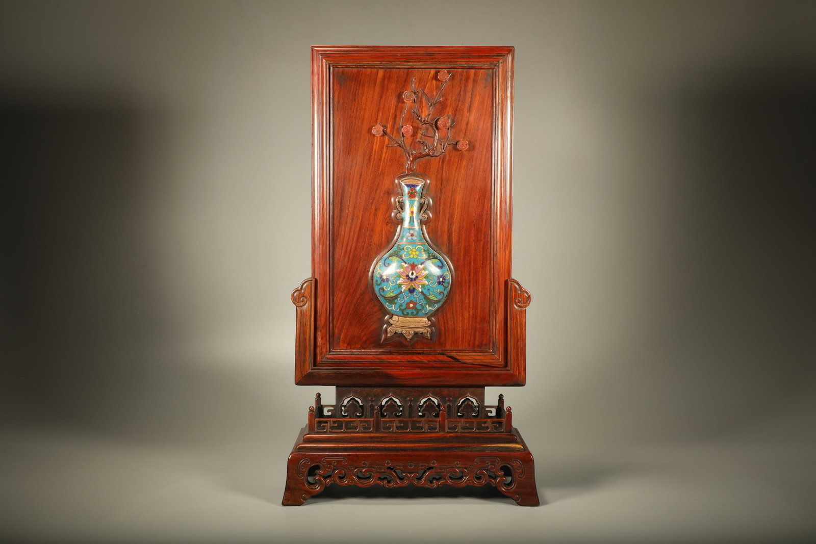 Huanghuali Wood Inlaid Bronze Cloisonne Carved Flower and Flower Pot Pattern Table Plaque: Huanghuali Wood Inlaid Bronze Cloisonne Carved Flower and Flower Pot Pattern Table Plaque (46 x 25 x 11.5cm)