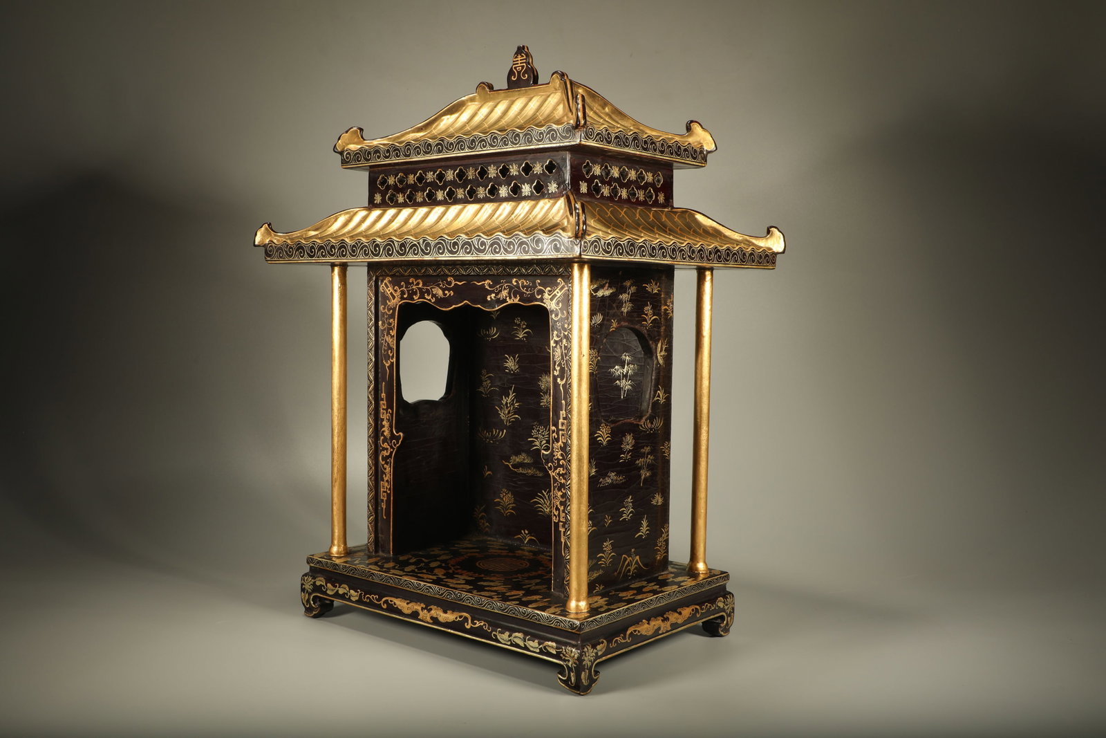 Lacquerware Gold Drawing Cloud and Flower Pattern Buddha Niche - 2