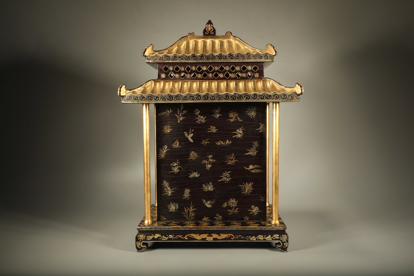 Lacquerware Gold Drawing Cloud and Flower Pattern Buddha Niche - 3